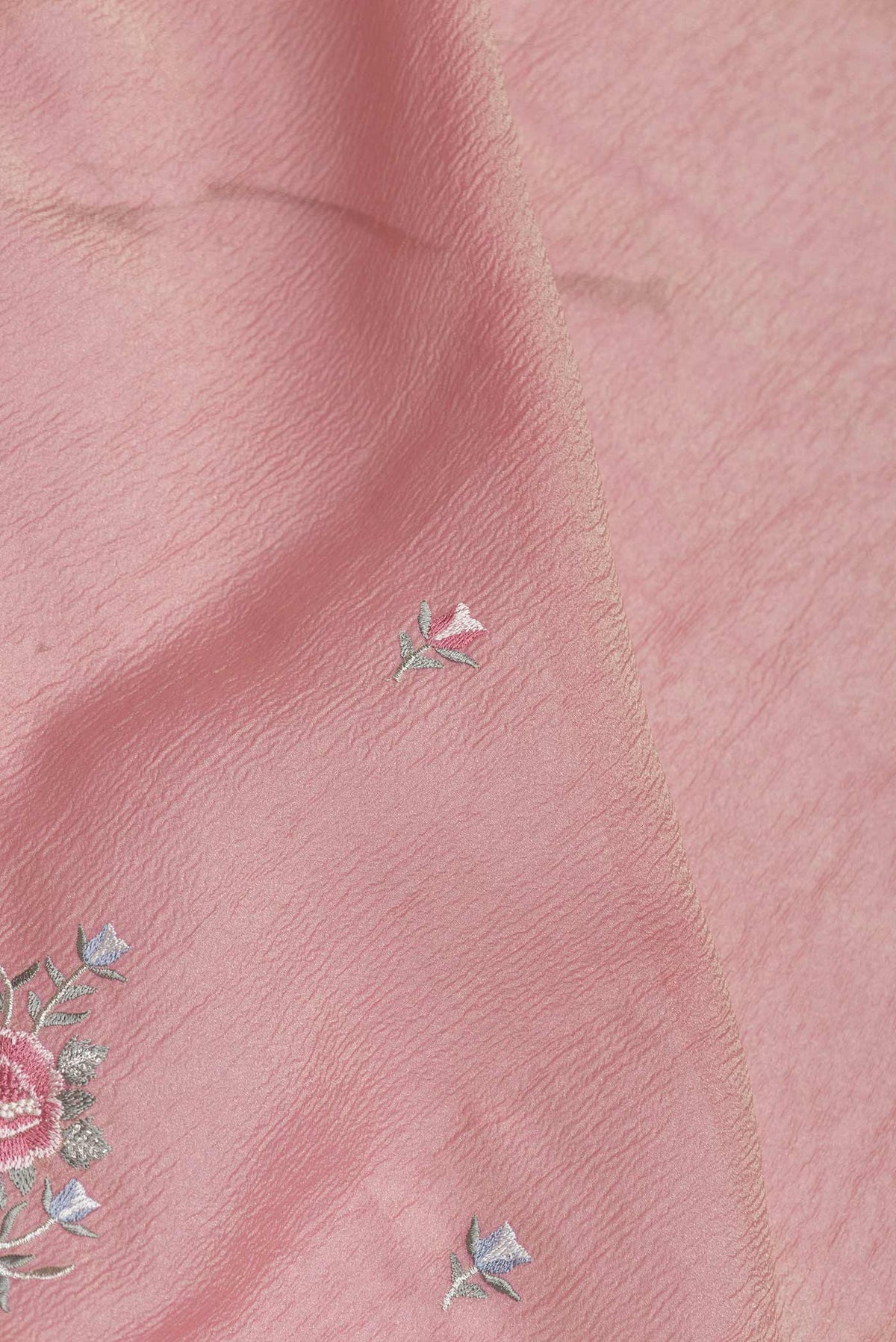 Close up of Pink Dual Tone Kota Silk Saree with Embroidery on the body and Embroidery Border displaying folds