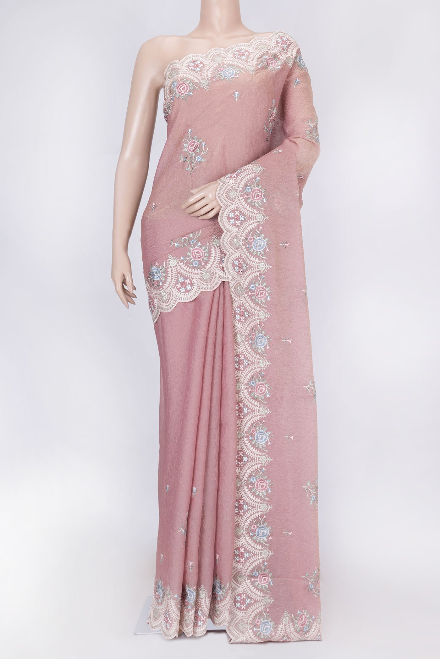 Pink Dual Tone Kota Silk Saree with Embroidery on the body and Embroidery Border displayed on a mannequin