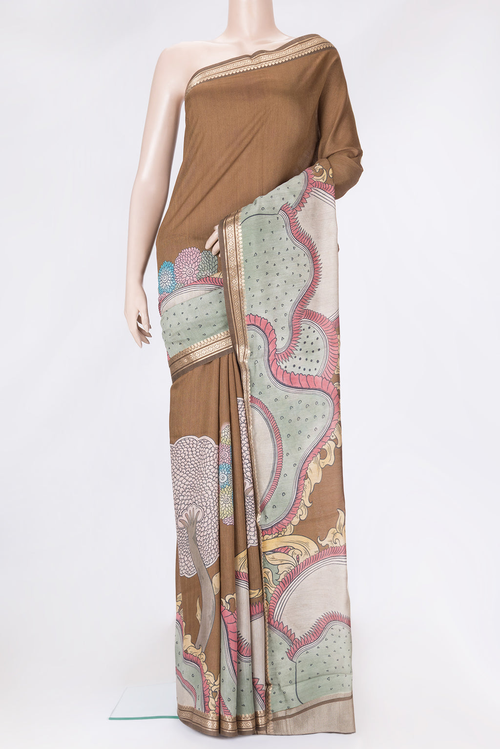 Brown Dual Tone Tussar Silk Saree with Printed design on the body and Fancy Border.  displayed on a mannequin