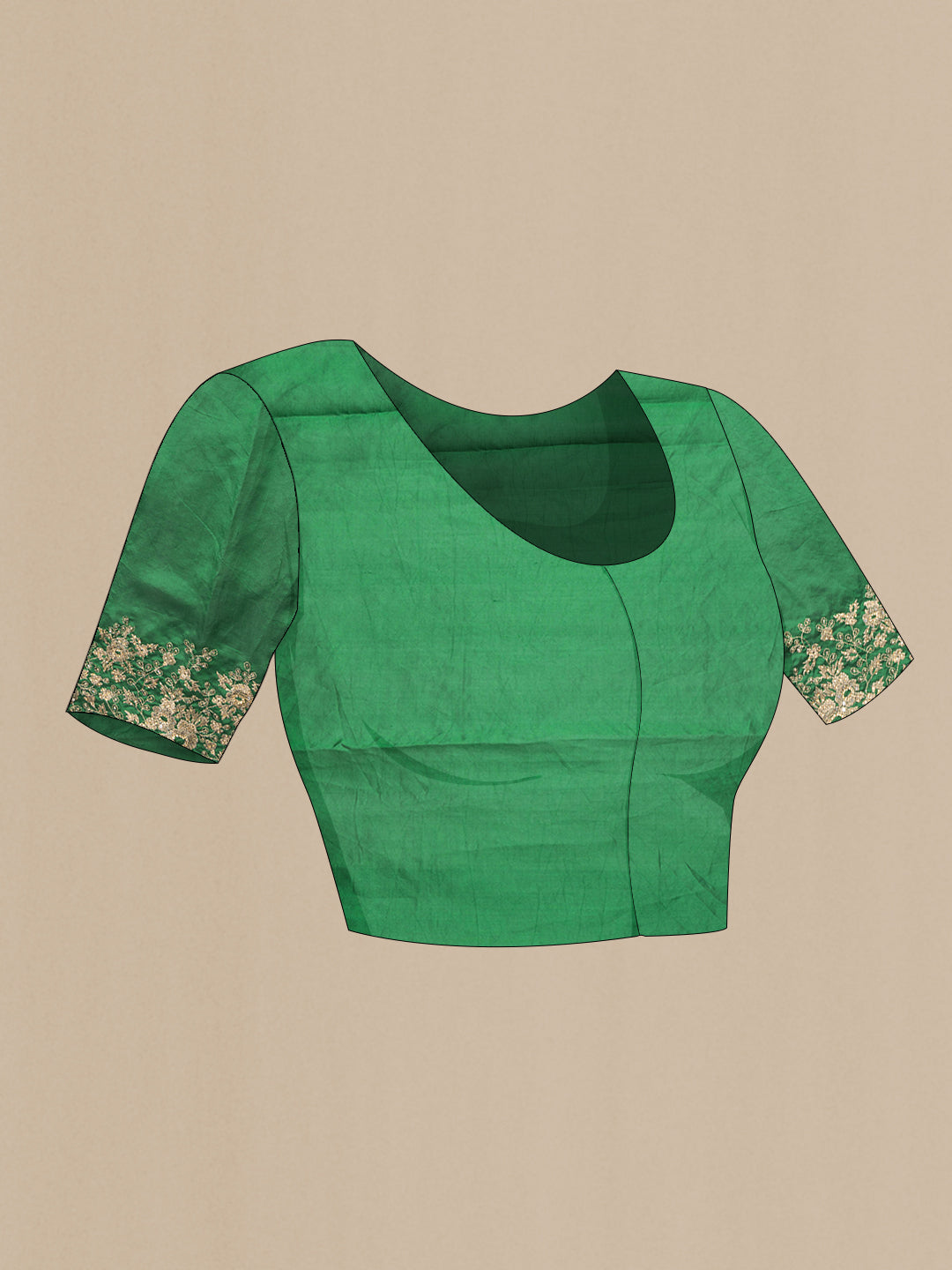 Close up image of the blouse of Bottle Green Dual Tone Tussar Silk Saree with Embroidery on the body and Embroidery Border. 