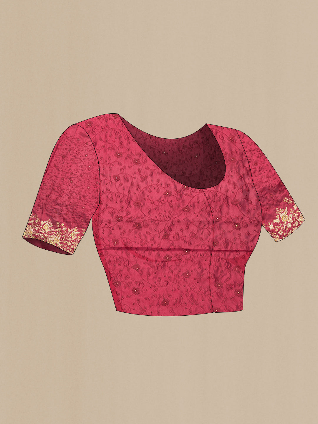 Close up image of the blouse of Maroon Dual Tone Tussar Silk Saree with Embroidery on the body and Embroidery Border. 