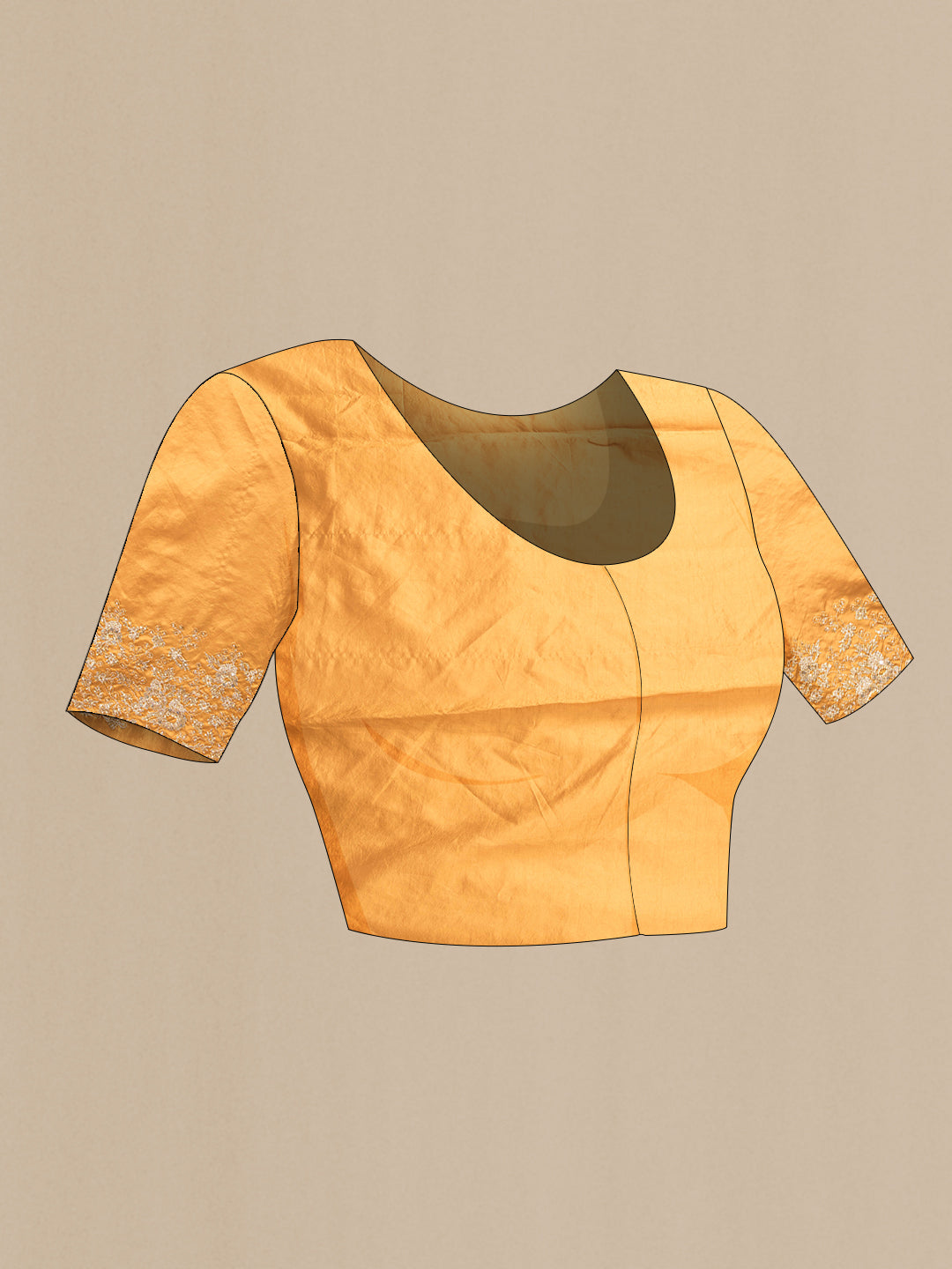 Close up image of the blouse of Mustard Dual Tone Tussar Silk Saree with Embroidery on the body and Embroidery Border. 