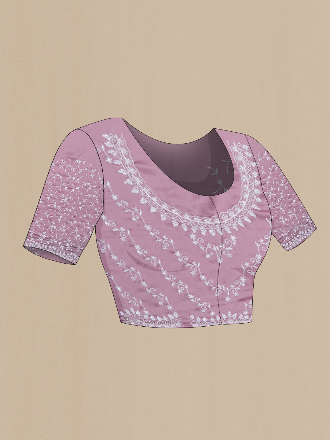 Close up image of the blouse of Lilac Crepe Saree with Plain Body and Embroidery Border. 