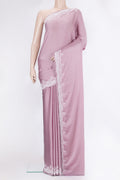 Lilac Crepe Saree with Plain Body and Embroidery Border.  displayed on a mannequin