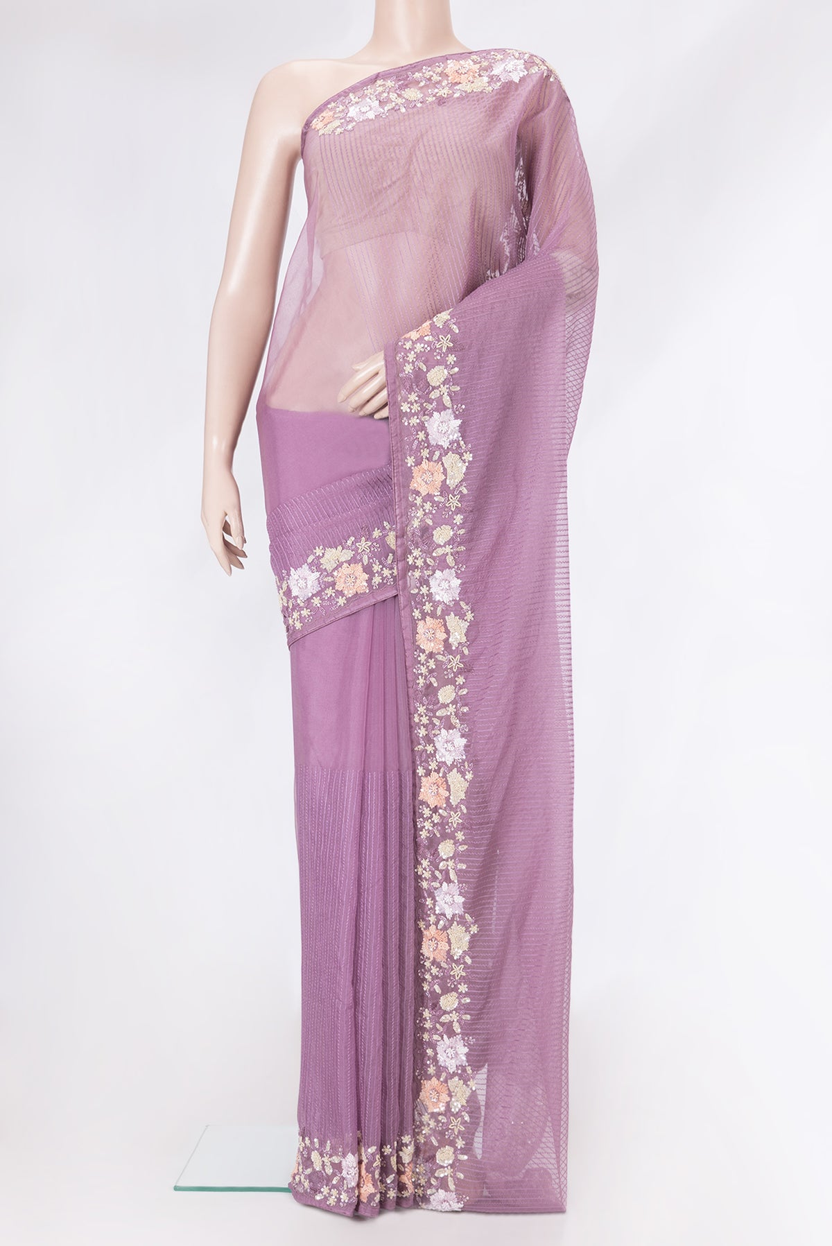 Pink Dual Tone Organza Silk Saree with Stripes on the body and Embroidery Border.  displayed on a mannequin