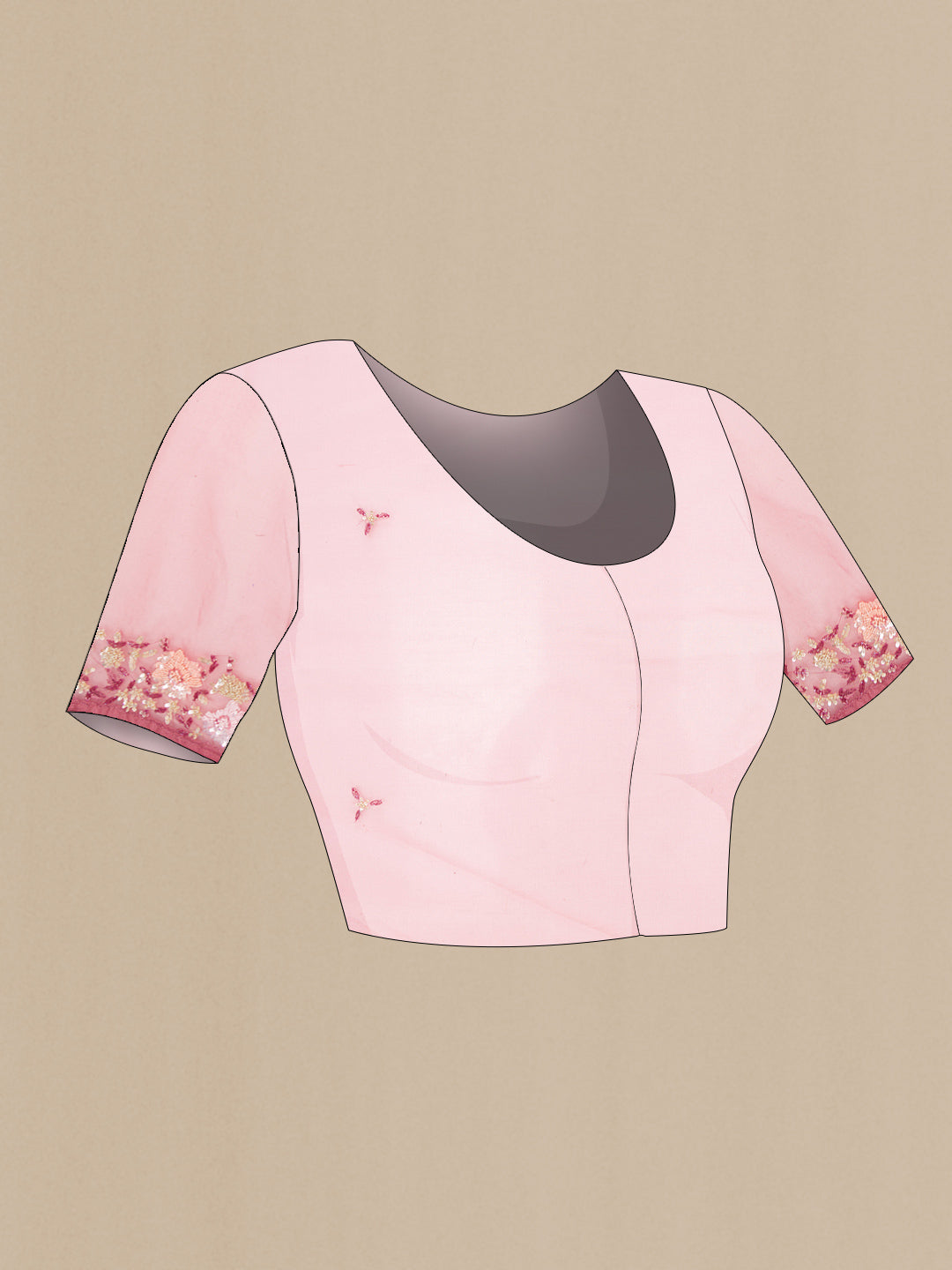 Close up image of the blouse of Pink Dual Tone Organza Silk Saree with Embroidery on the body and Embroidery Border. 