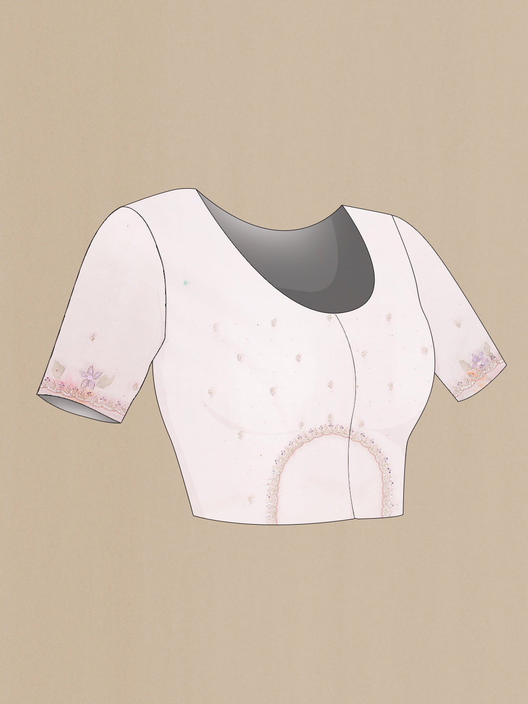 Close up image of the blouse of Rose pink Dual Tone Organza Silk Saree with Embroidery on the body and Embroidery Border. 