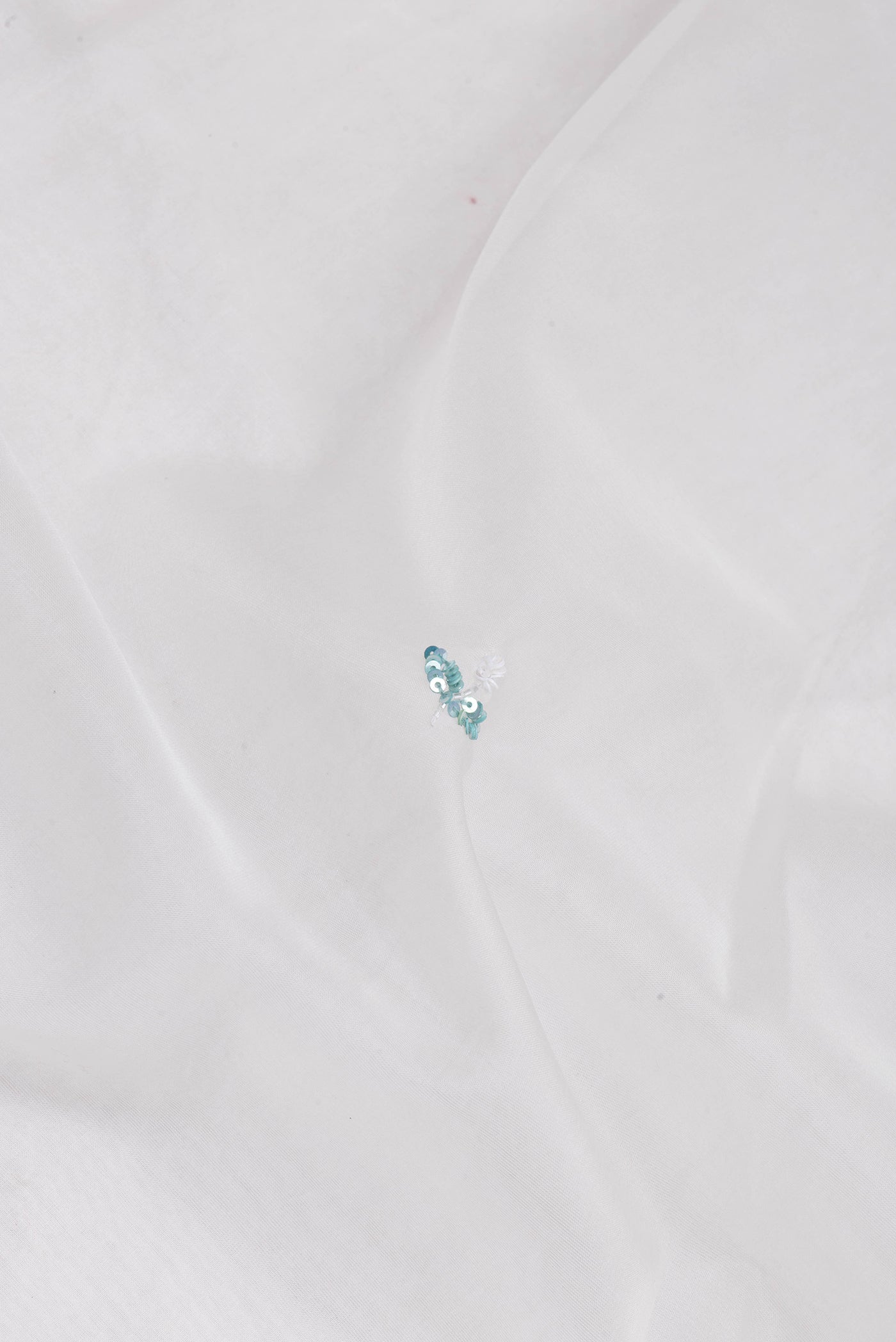 Close up of Off White Dual Tone Organza Silk Saree with Embroidery on the body and Embroidery Border.  displaying folds
