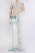 Off White Dual Tone Organza Silk Saree with Embroidery on the body and Embroidery Border.  displayed on a mannequin