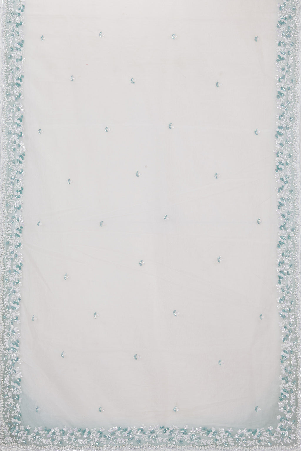 Flat view of Off White Dual Tone Organza Silk Saree with Embroidery on the body and Embroidery Border. 
