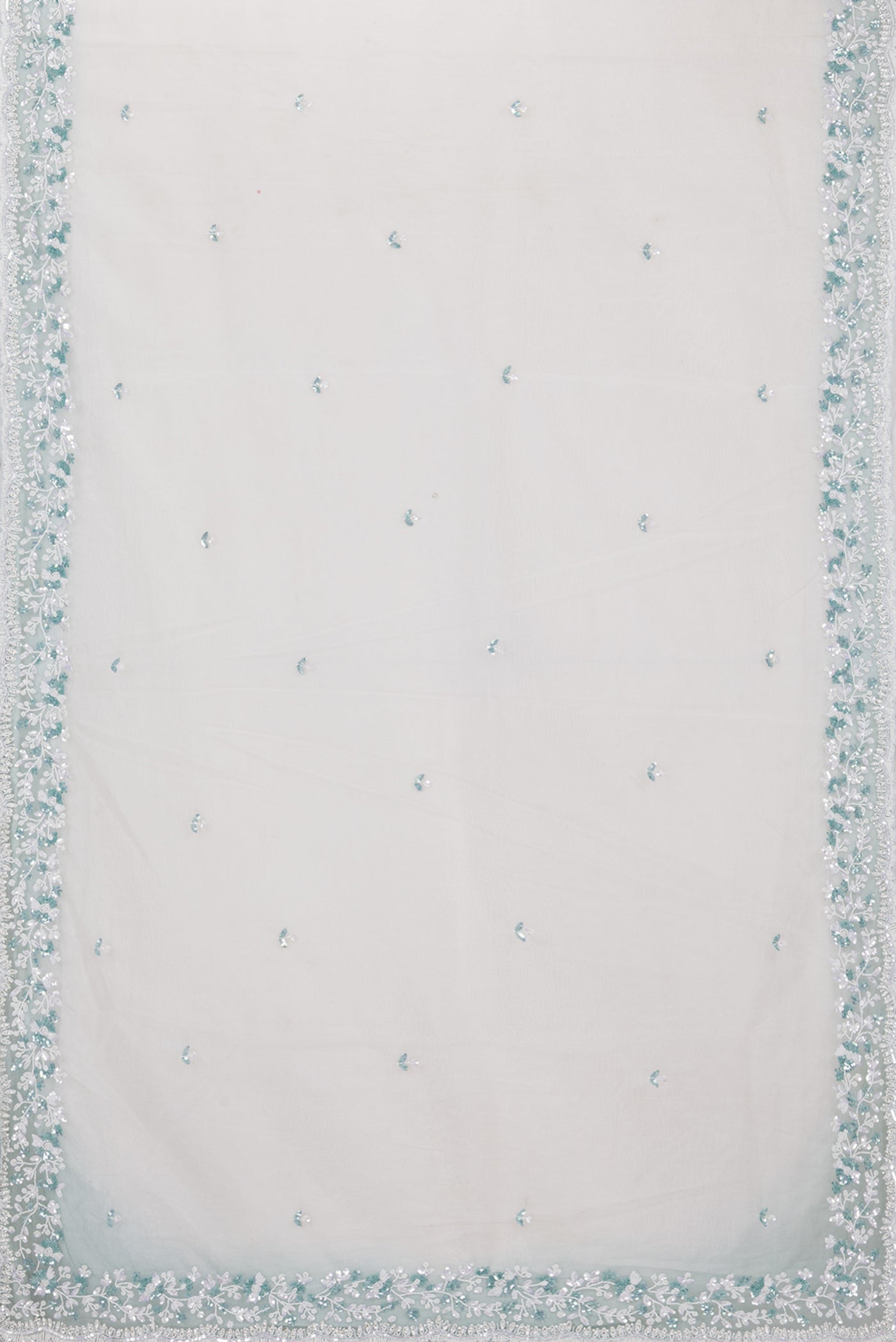 Flat view of Off White Dual Tone Organza Silk Saree with Embroidery on the body and Embroidery Border. 