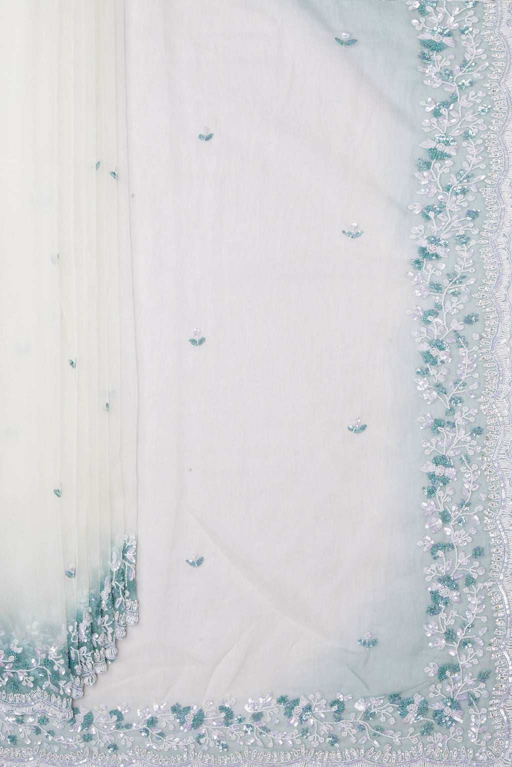 Pleats and pallu of Off White Dual Tone Organza Silk Saree with Embroidery on the body and Embroidery Border. 