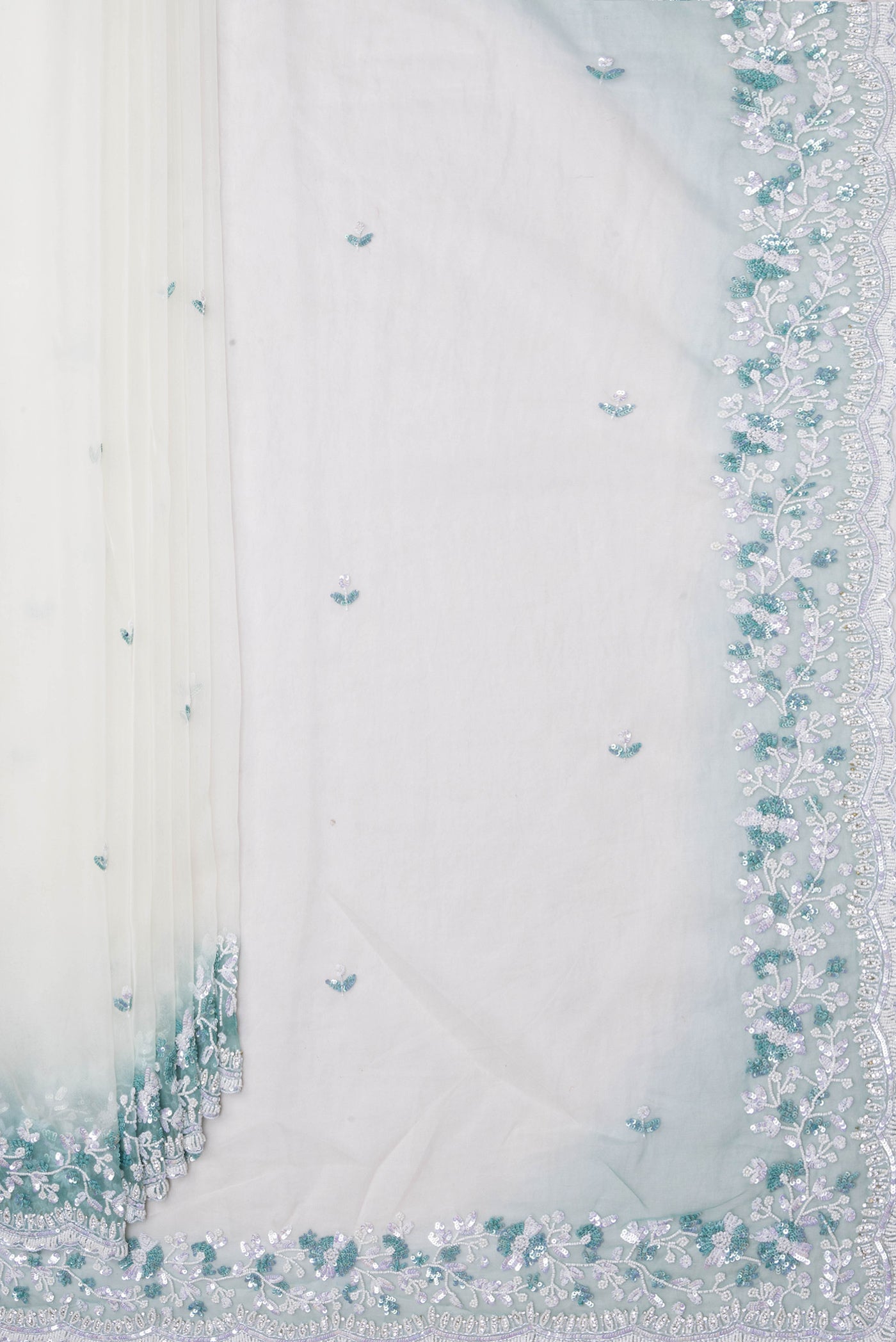 Pleats and pallu of Off White Dual Tone Organza Silk Saree with Embroidery on the body and Embroidery Border. 