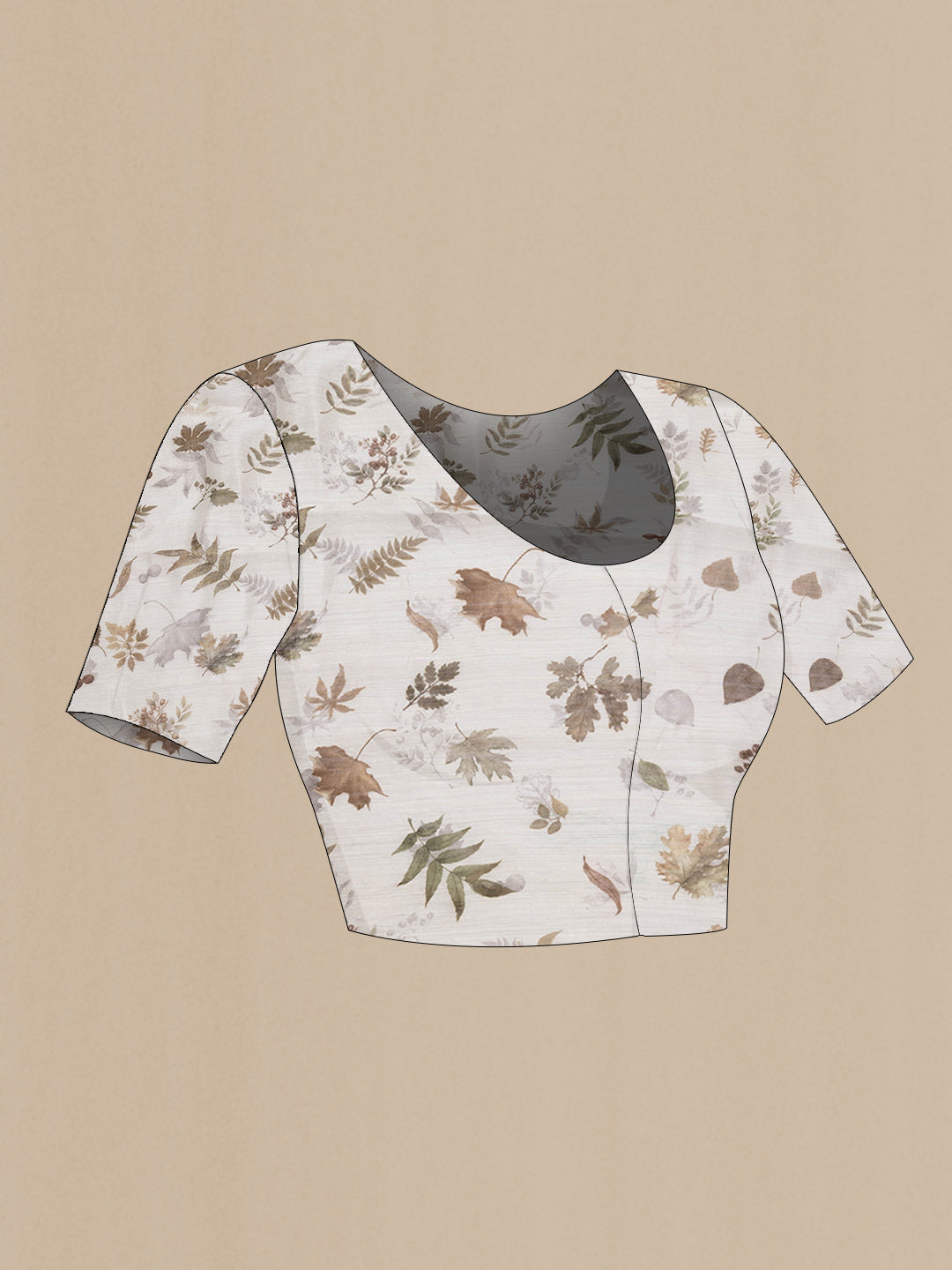 Close up image of the blouse of Off White Dual Tone Linen Saree with Printed design on the body and Without Border. 