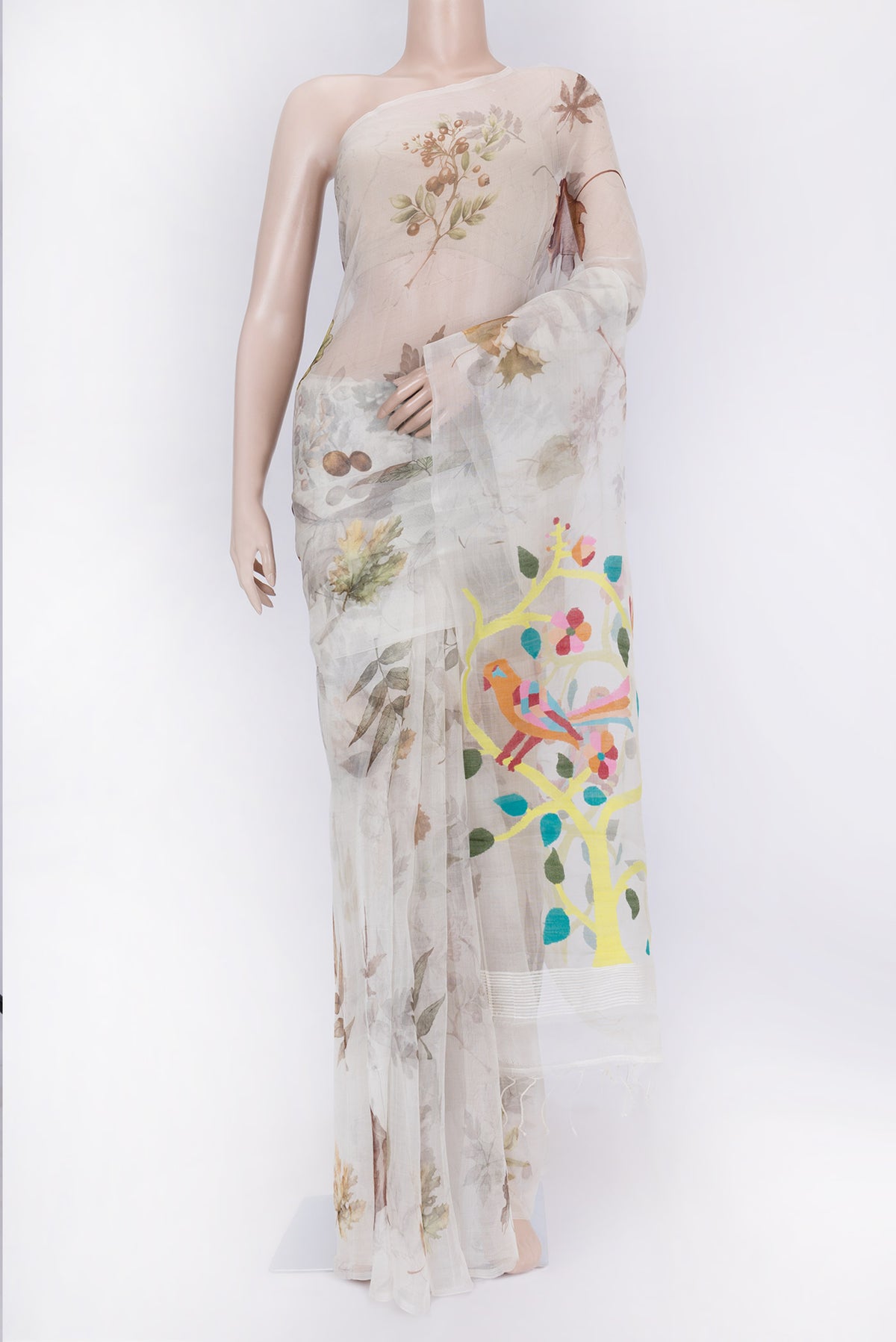 Off White Dual Tone Linen Saree with Printed design on the body and Without Border.  displayed on a mannequin
