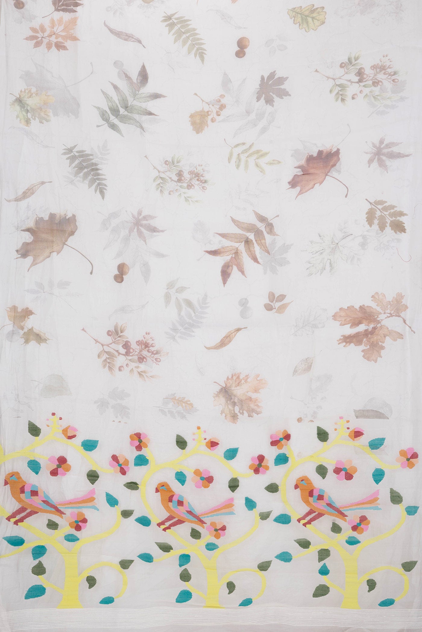 Flat view of Off White Dual Tone Linen Saree with Printed design on the body and Without Border. 