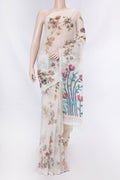 Off White Dual Tone Linen Saree with Printed design on the body and Without Border displayed on a mannequin