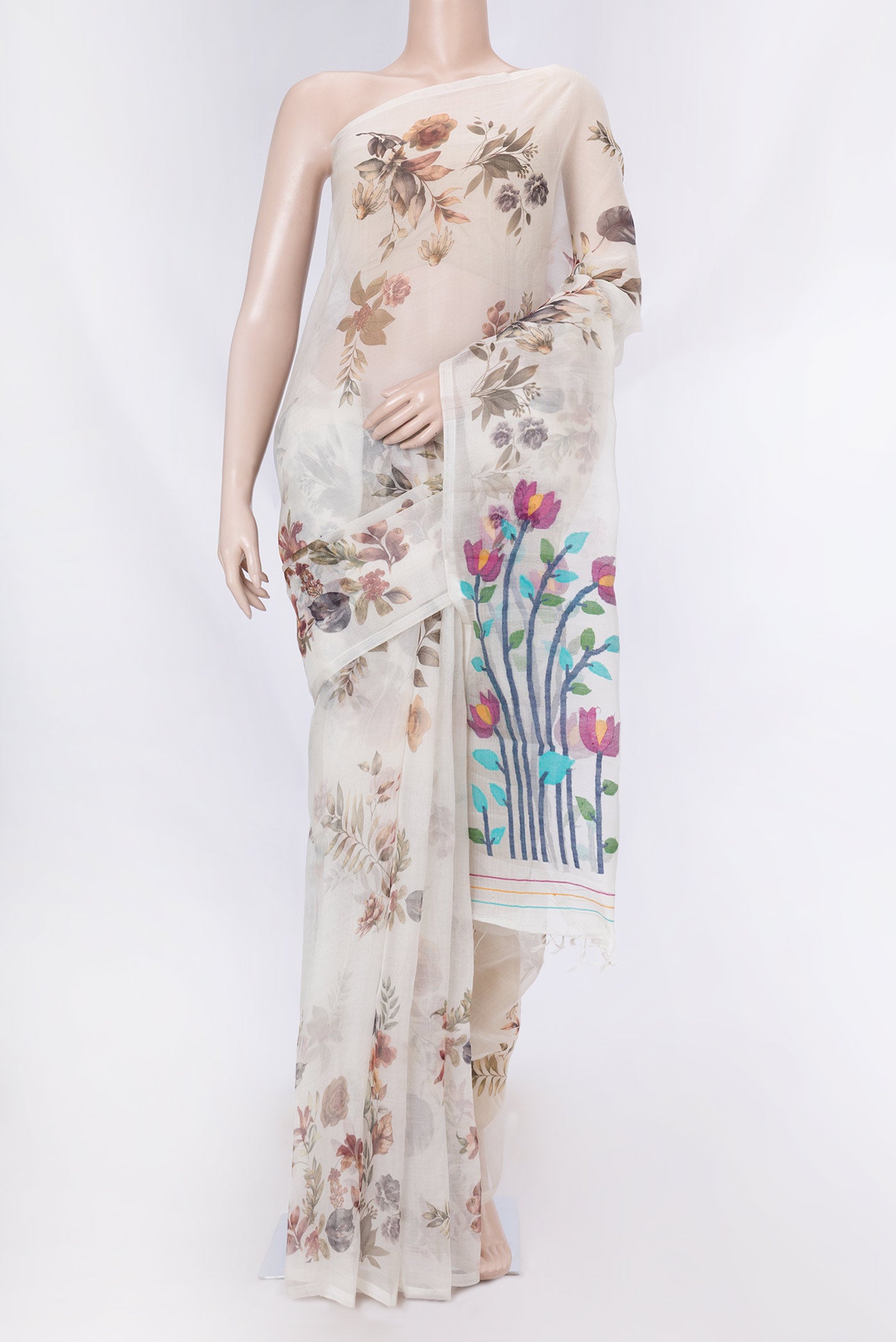Off White Dual Tone Linen Saree with Printed design on the body and Without Border displayed on a mannequin
