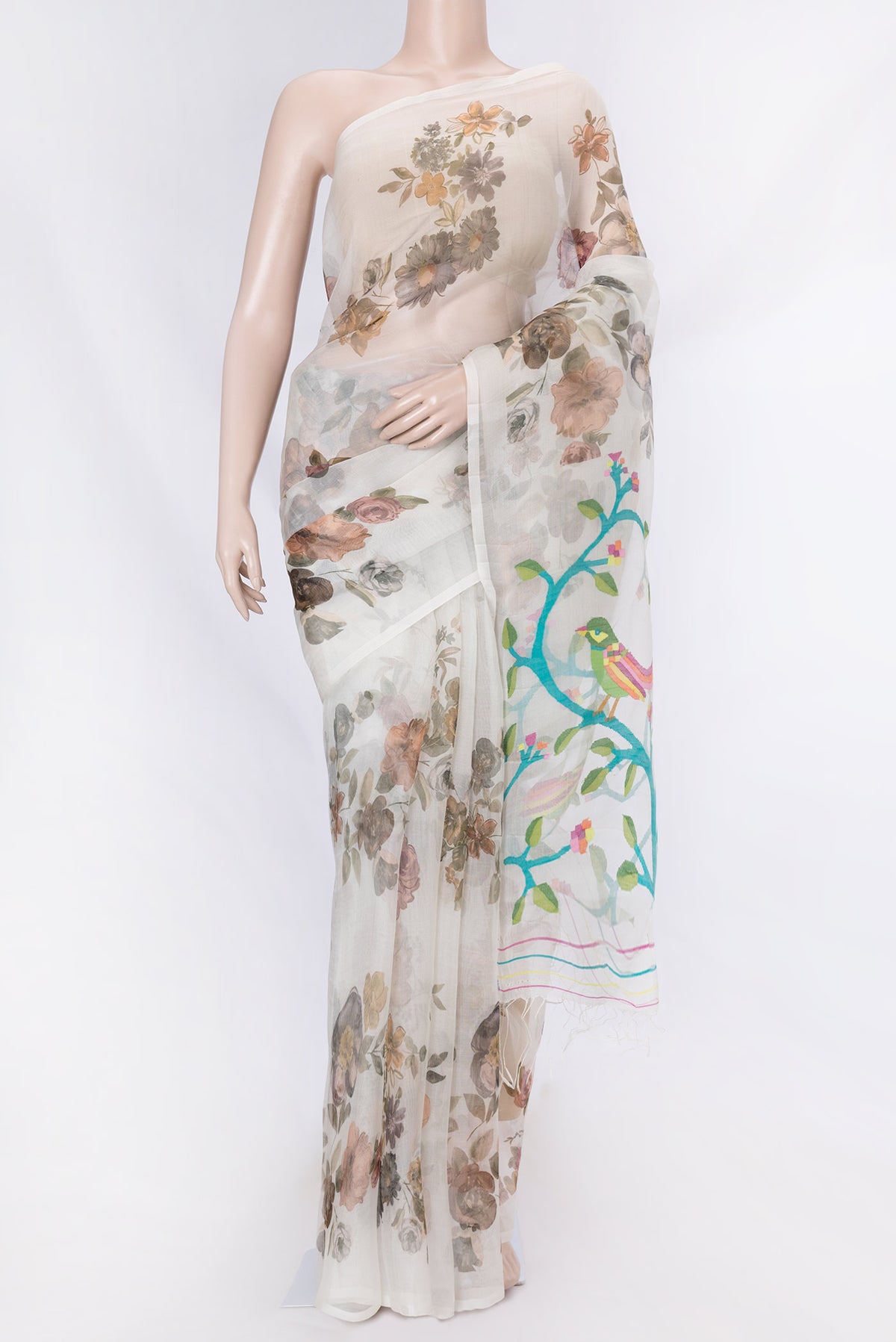Off White Dual Tone Linen Saree with Printed design on the body and Without Border displayed on a mannequin