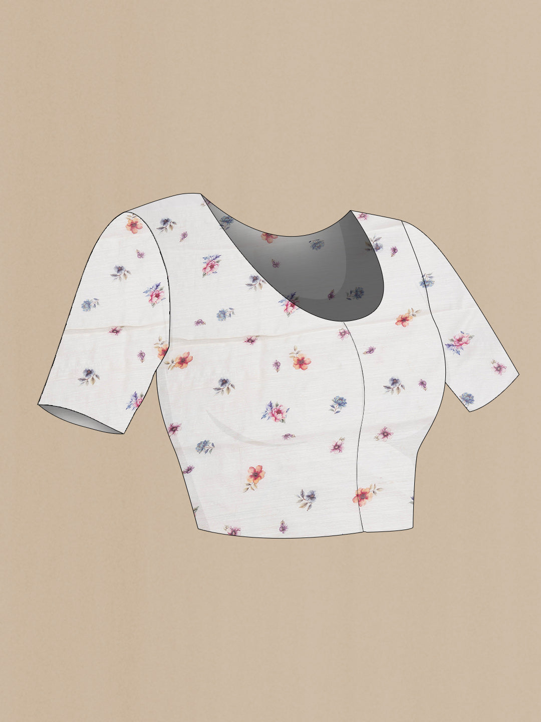 Close up image of the blouse of Off White Dual Tone Linen Saree with Printed design on the body and Without Border. 