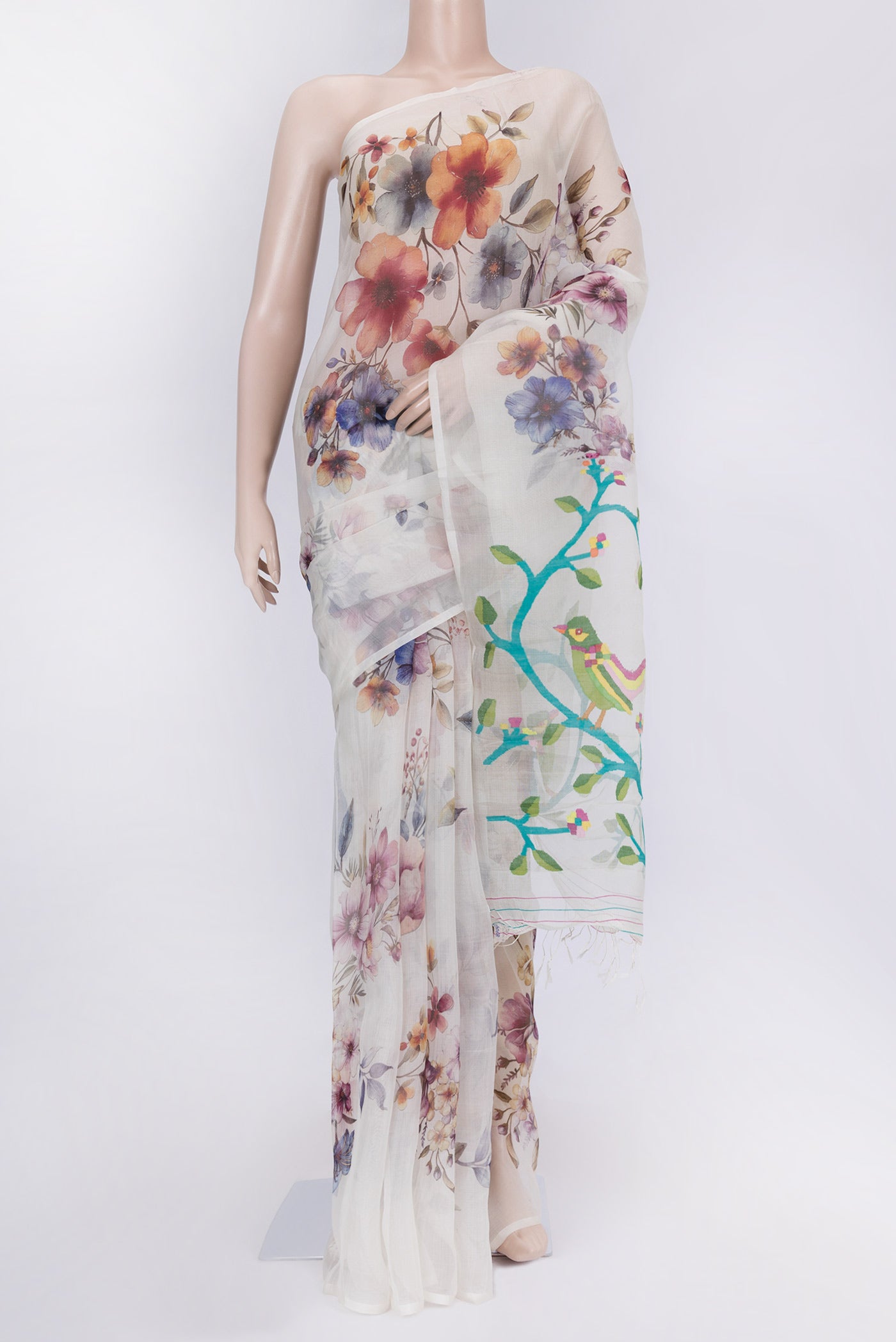 Off White Dual Tone Linen Saree with Printed design on the body and Without Border.  displayed on a mannequin