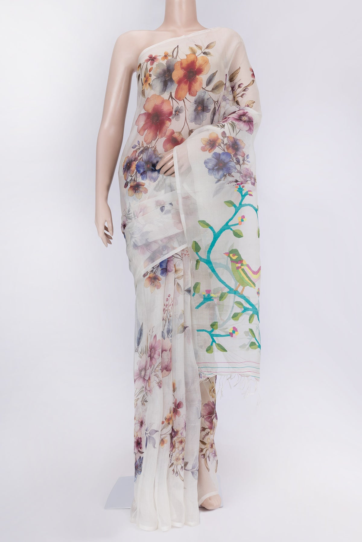 Off White Dual Tone Linen Saree with Printed design on the body and Without Border.  displayed on a mannequin