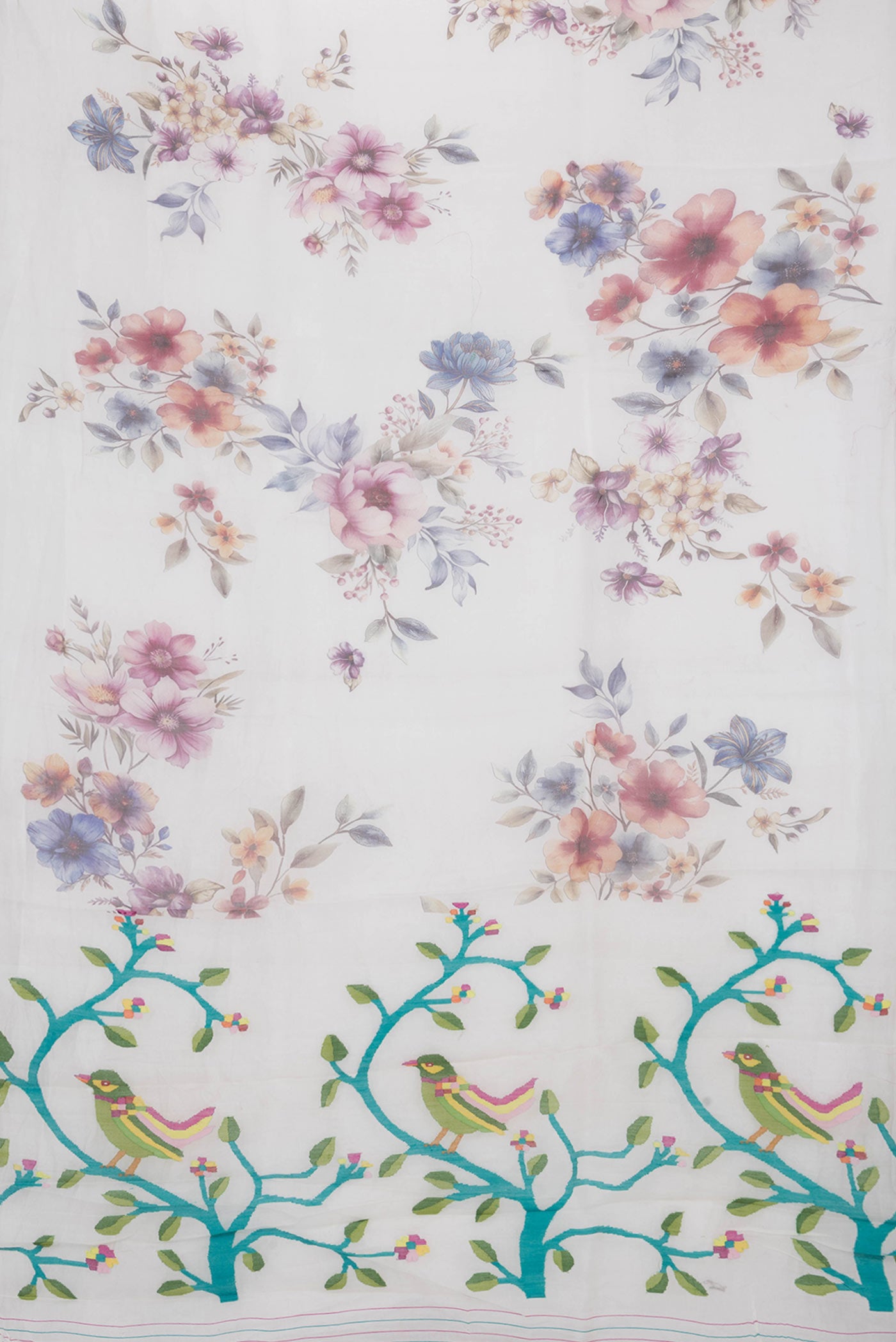 Flat view of Off White Dual Tone Linen Saree with Printed design on the body and Without Border. 