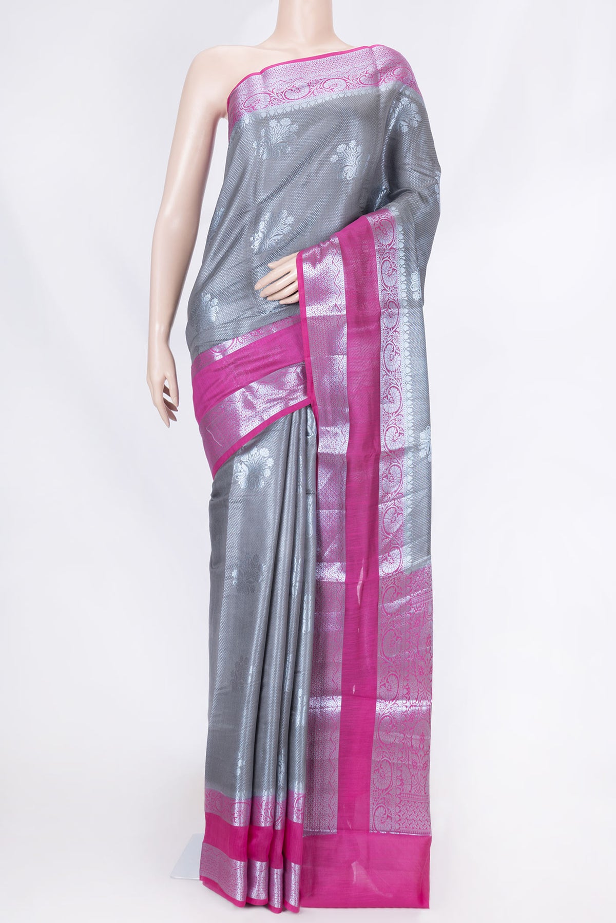Grey Banarasi Raw Silk Saree with Zari Brocade on the body and Zari Border displayed on a mannequin