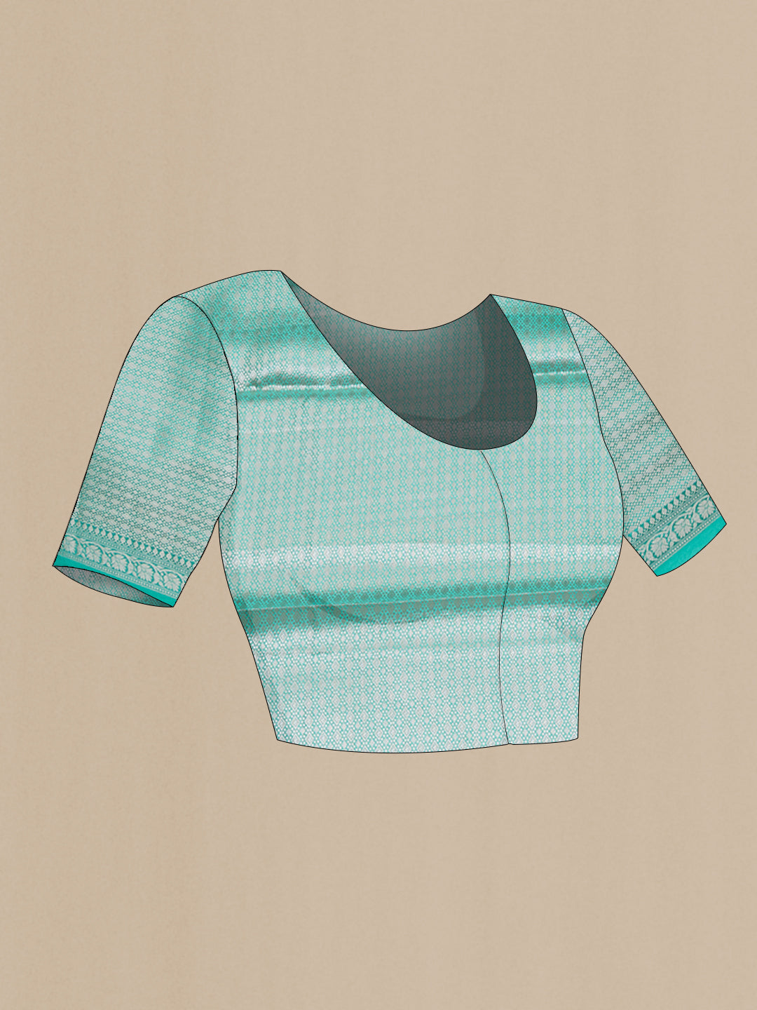 Close up image of the blouse of Sea Green Dual Tone Tussar Silk Saree with Zari Butta on the body and Zari Border. 