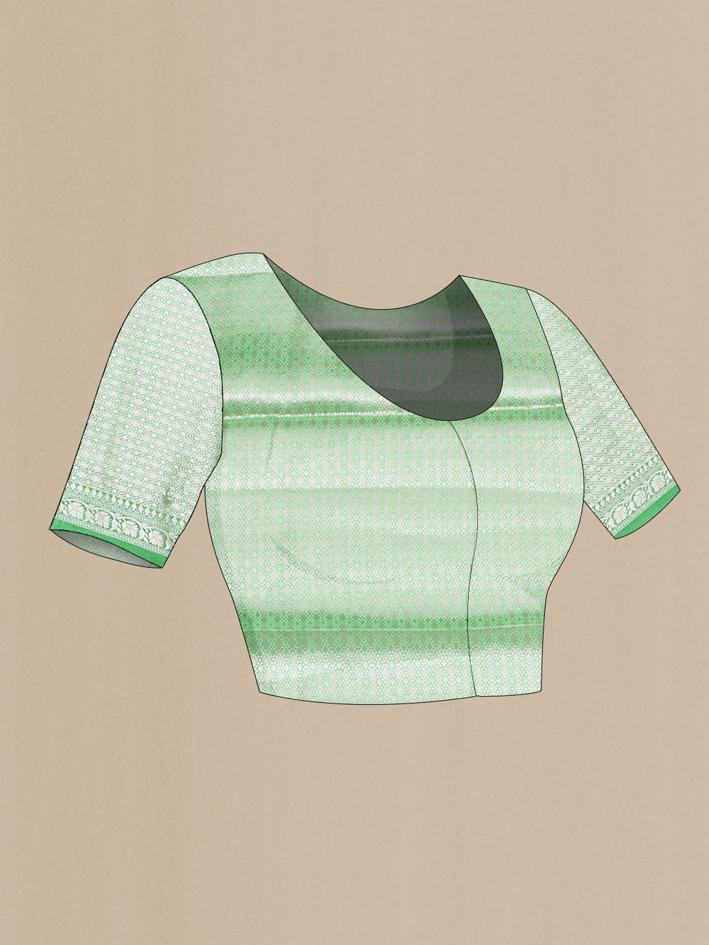 Close up image of the blouse of Green Tussar Silk Saree with Zari Butta on the body and Zari Border. 