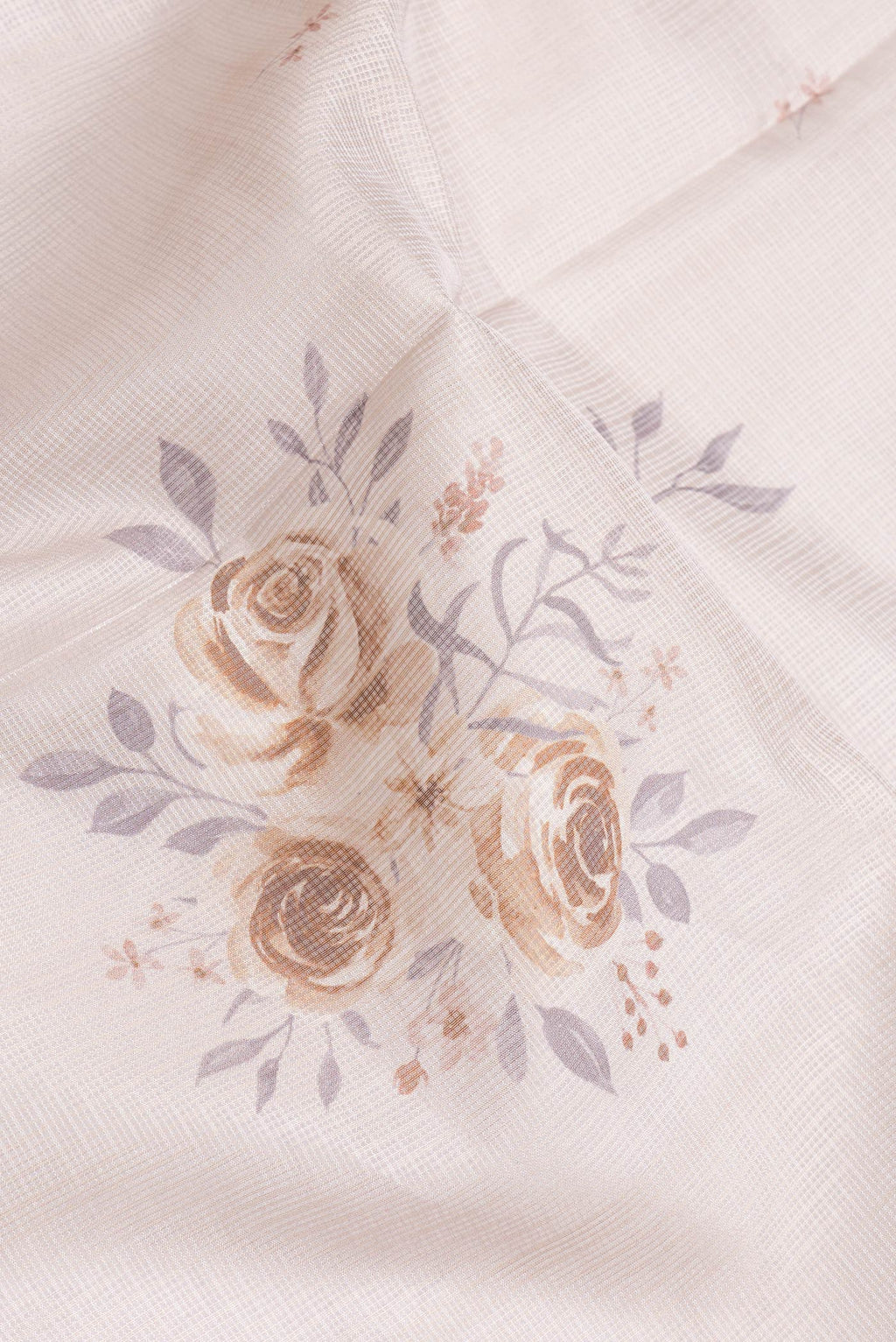 Close up of Lavender Dual Tone Kota Silk Saree with Printed design on the body and Embroidery Border.  displaying folds