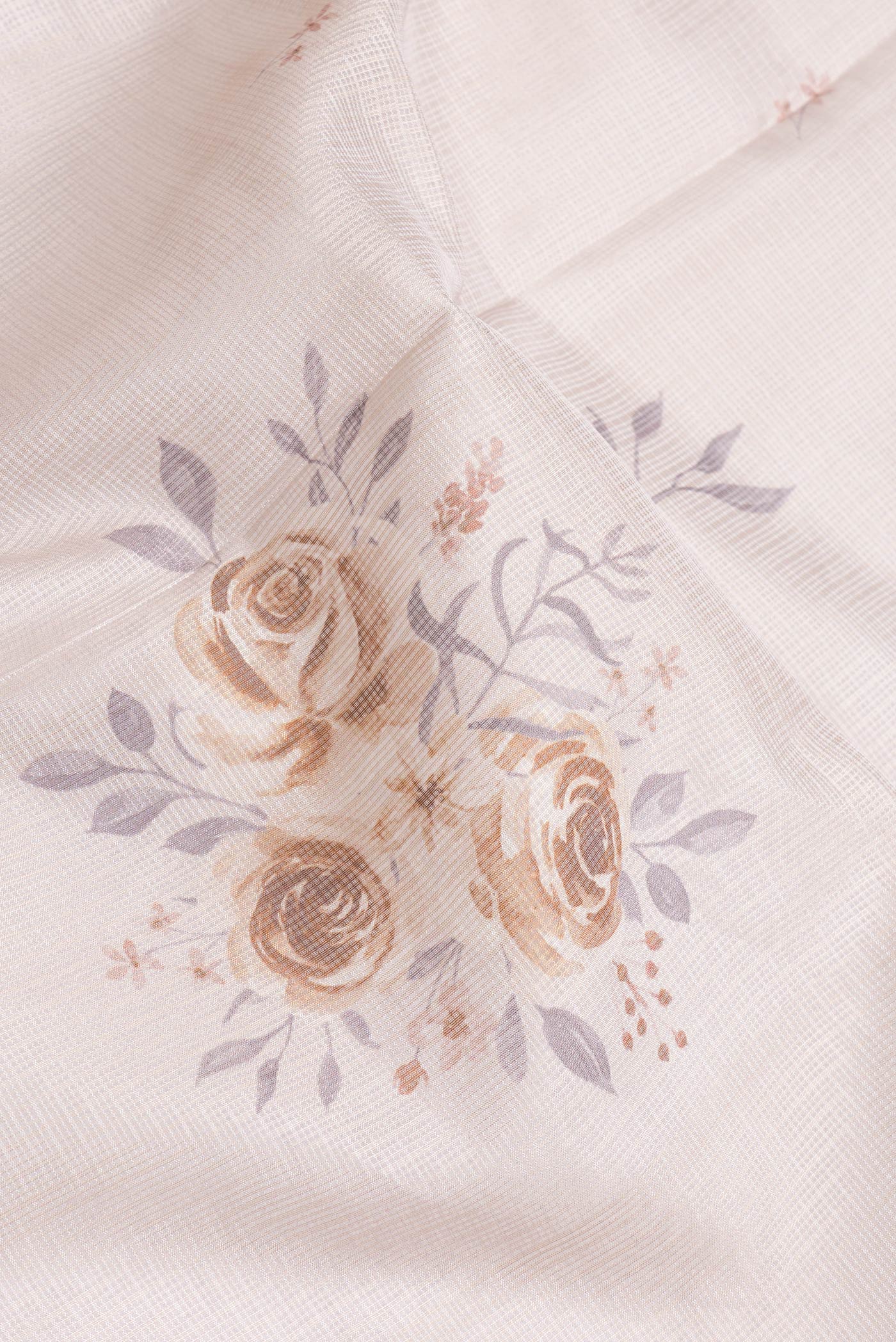 Close up of Lavender Dual Tone Kota Silk Saree with Printed design on the body and Embroidery Border.  displaying folds
