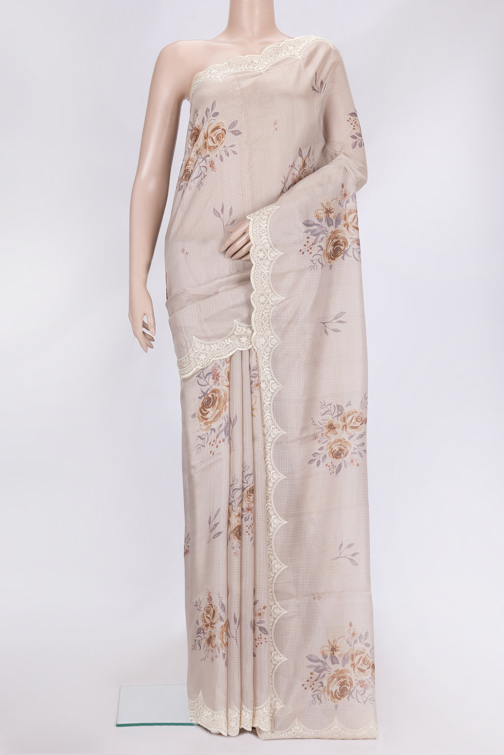 Lavender Dual Tone Kota Silk Saree with Printed design on the body and Embroidery Border.  displayed on a mannequin