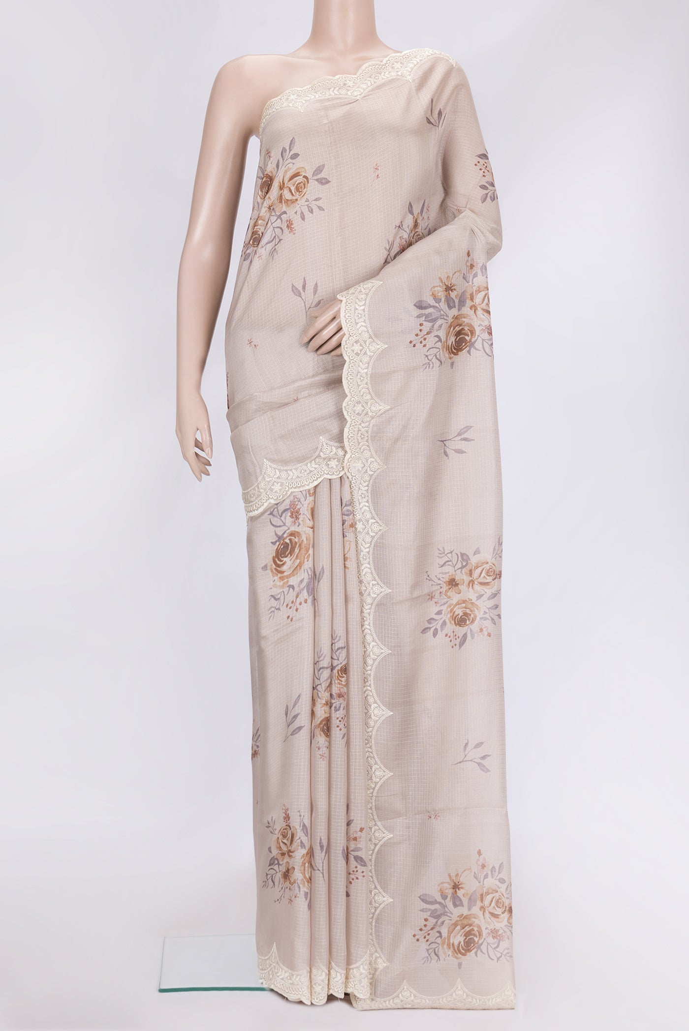 Lavender Dual Tone Kota Silk Saree with Printed design on the body and Embroidery Border.  displayed on a mannequin