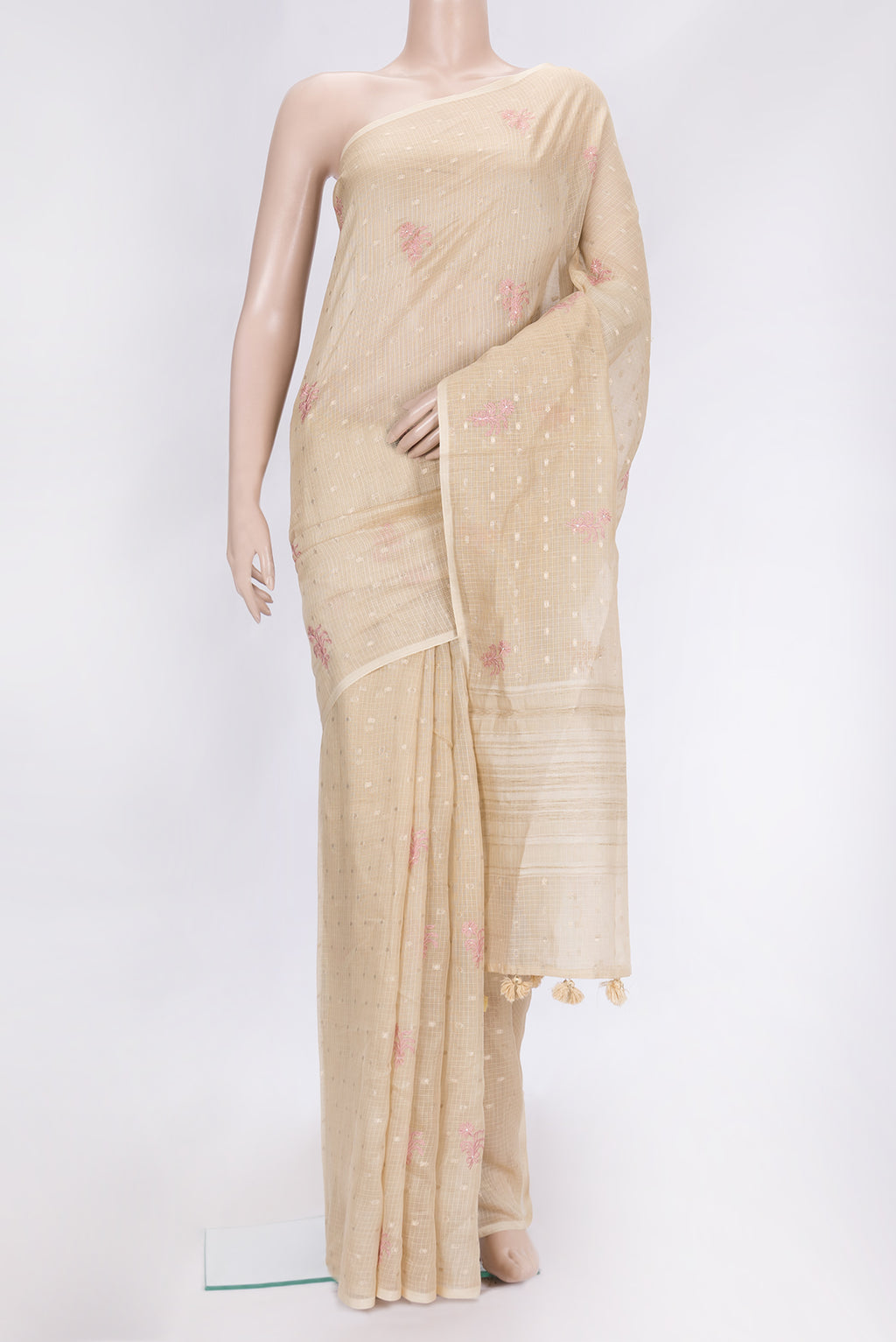 Beige Dual Tone Kota Silk Saree with Embroidery on the body and Without Border.  displayed on a mannequin