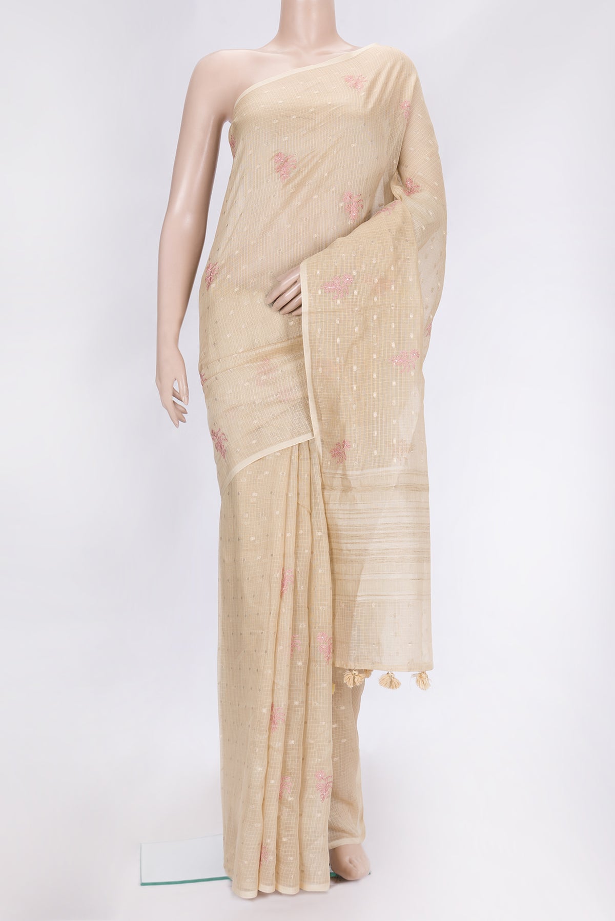 Beige Dual Tone Kota Silk Saree with Embroidery on the body and Without Border.  displayed on a mannequin