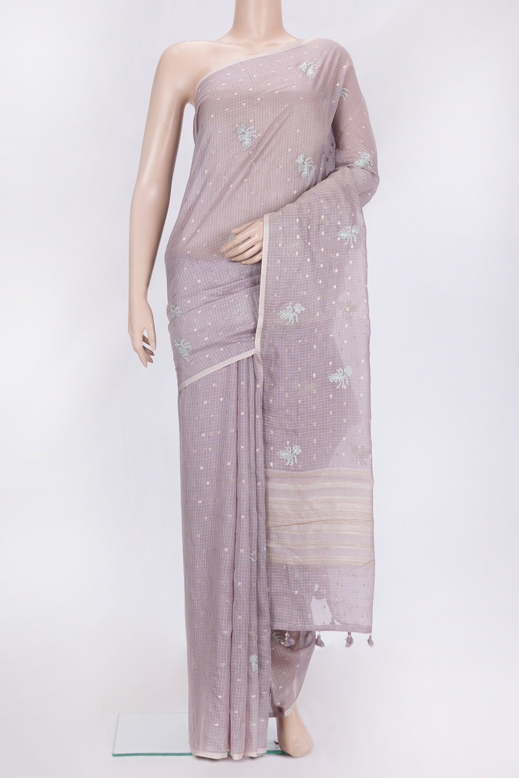 Lavender Dual Tone Kota Silk Saree with Embroidery on the body and Without Border.  displayed on a mannequin