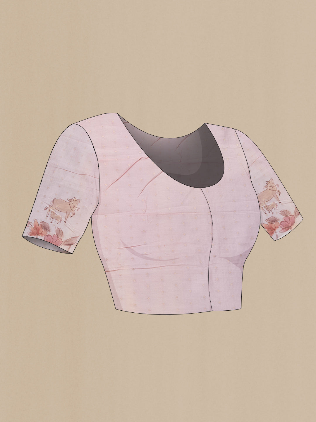 Close up image of the blouse of Rose Gold Dual Tone Kota Silk Saree with Zari Butta on the body and Without Border. 