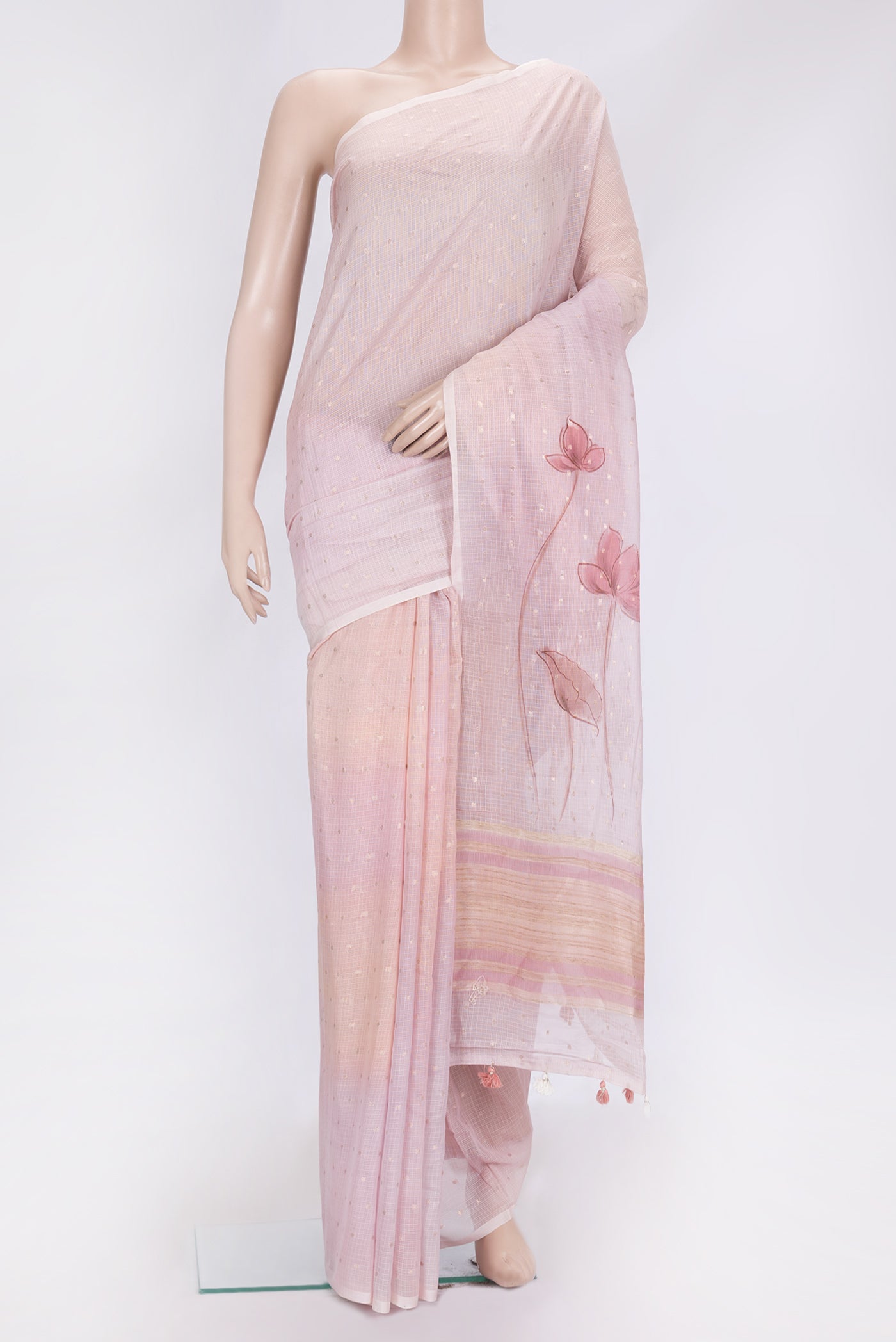 Rose Gold Dual Tone Kota Silk Saree with Zari Butta on the body and Without Border.  displayed on a mannequin