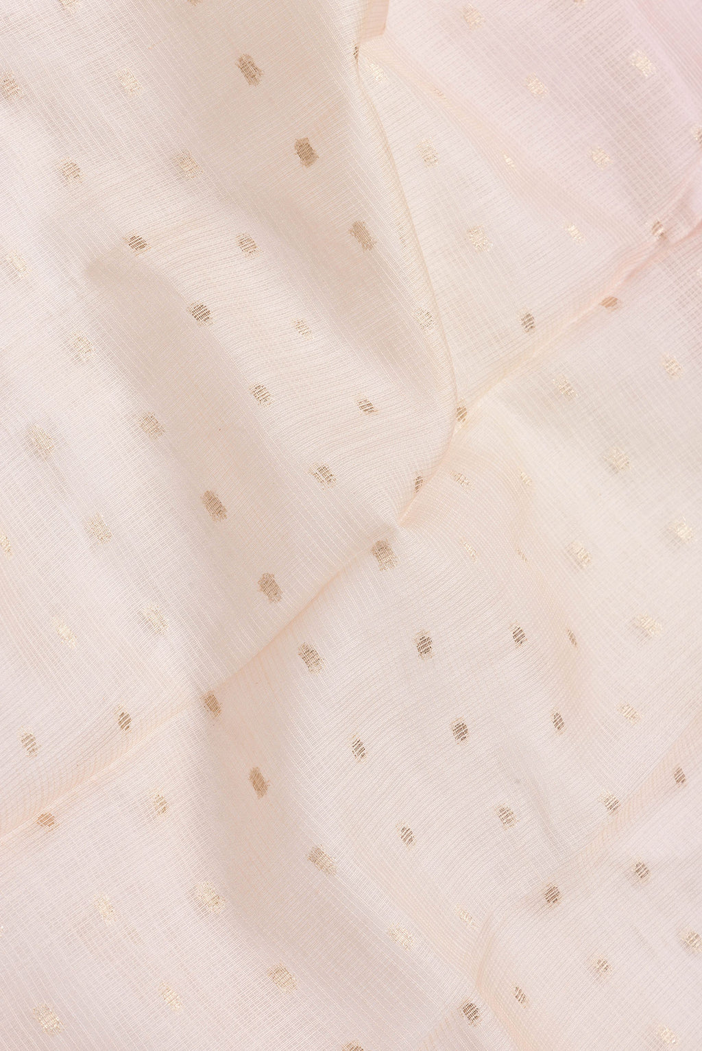 Close up of Sandal Dual Tone Kota Silk Saree with Zari Butta on the body and Without Border.  displaying folds