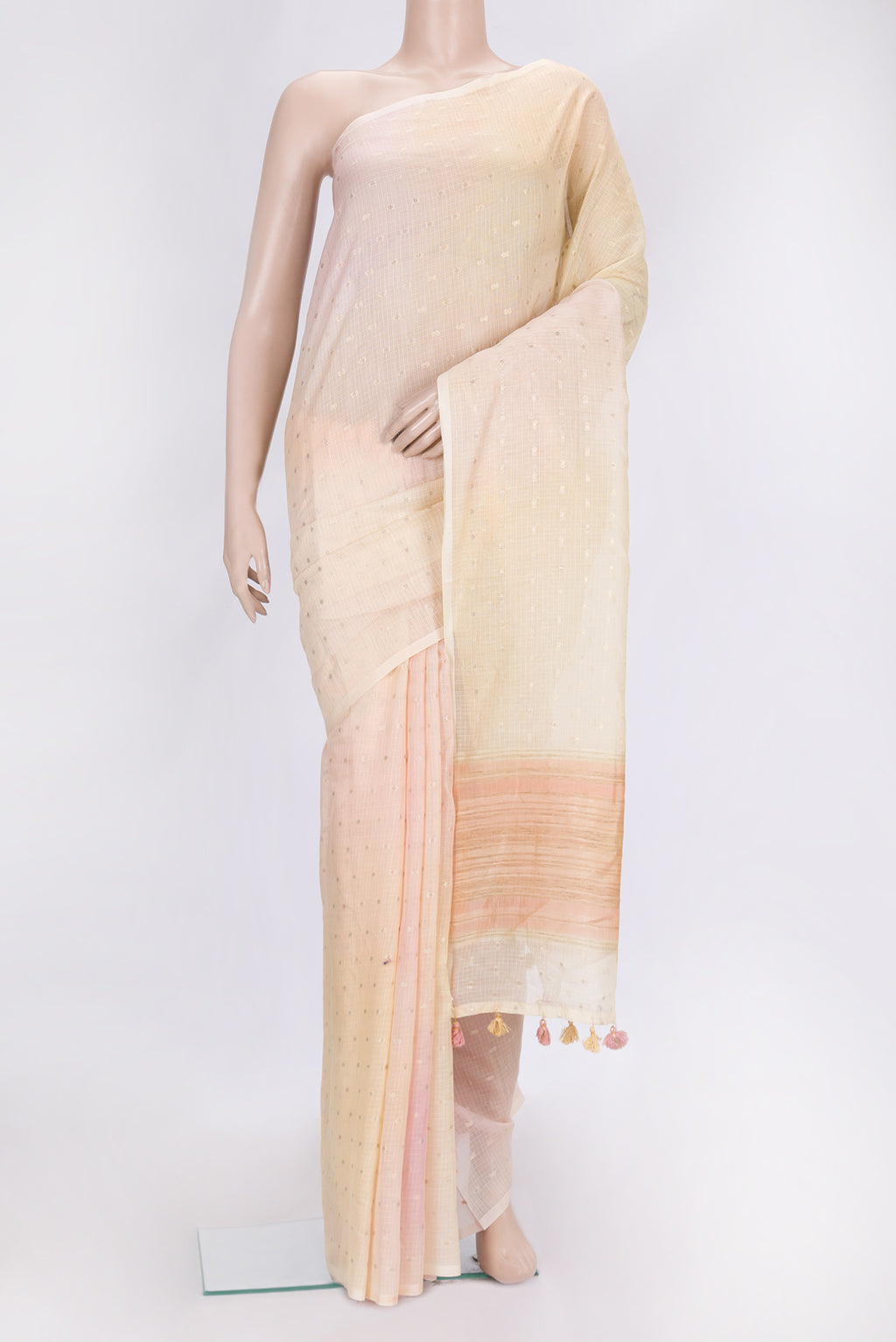 Sandal Dual Tone Kota Silk Saree with Zari Butta on the body and Without Border.  displayed on a mannequin