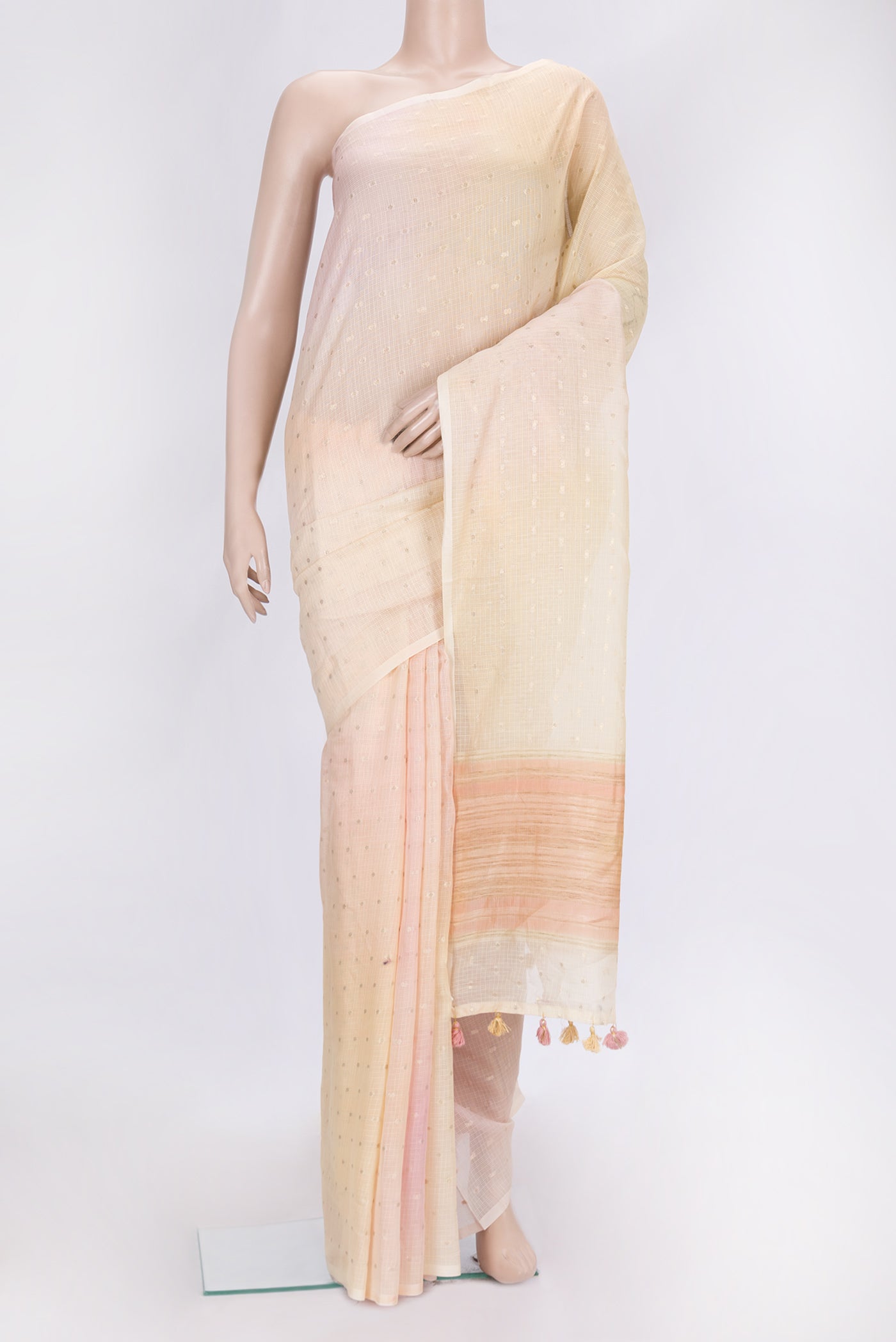 Sandal Dual Tone Kota Silk Saree with Zari Butta on the body and Without Border.  displayed on a mannequin