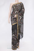 Black Dual Tone Linen Saree with Embroidery on the body and Zari Border.  displayed on a mannequin
