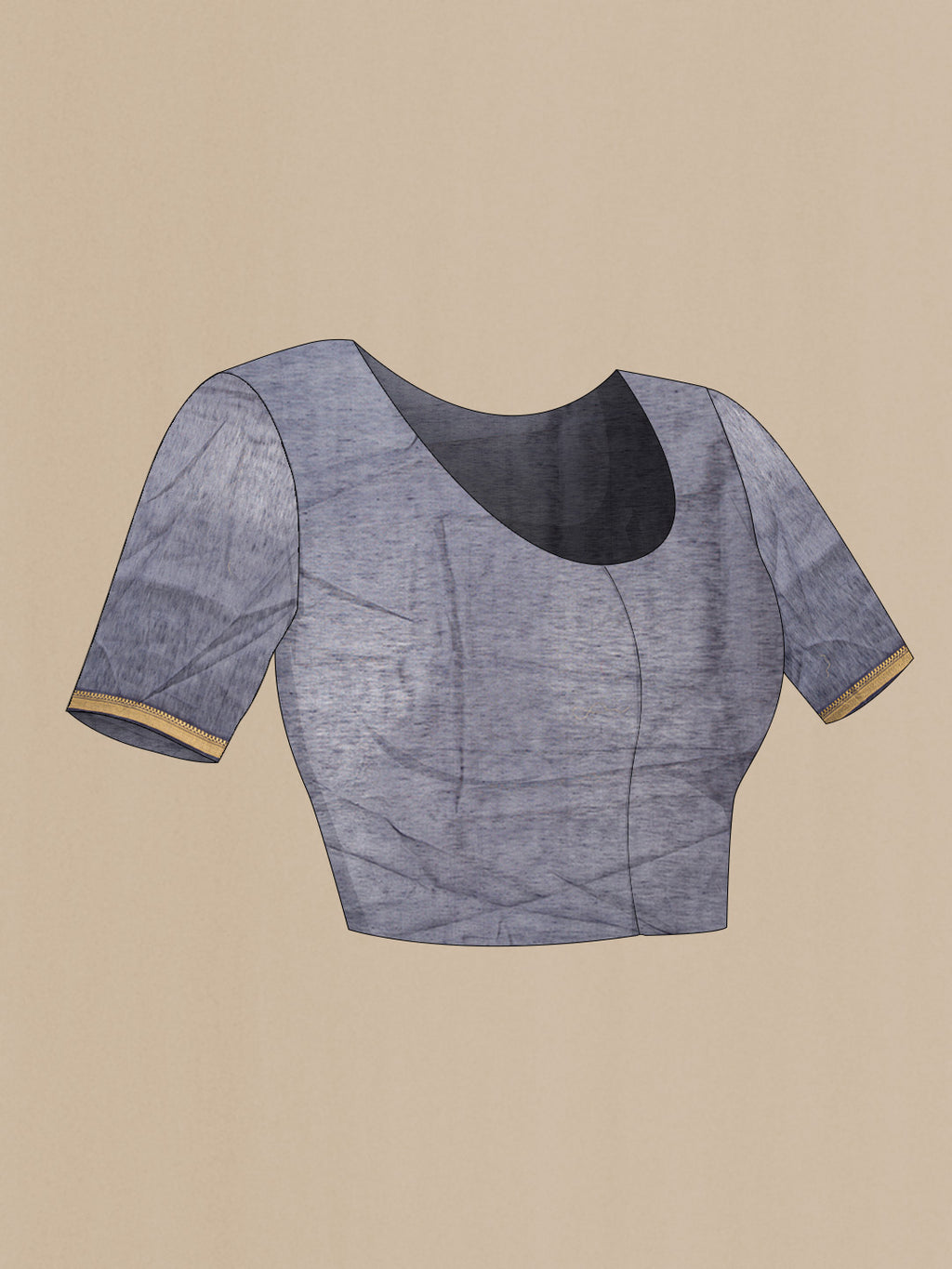 Close up image of the blouse of Blue Grey Dual Tone Tussar Silk Saree with Embroidery on the body and Embroidery Border. 