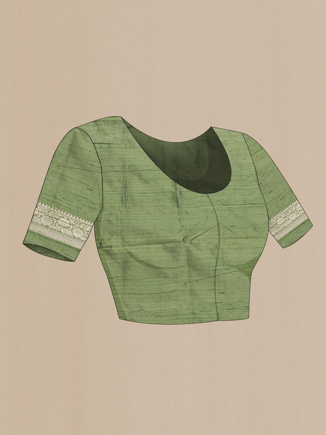 Close up image of the blouse of Green Dual Tone Raw Silk Saree with Zari Brocade on the body and Zari Border