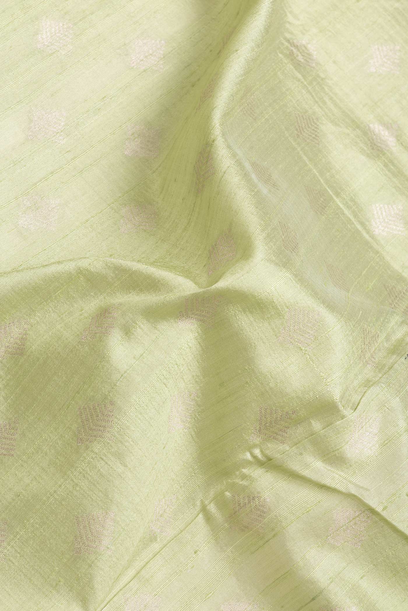 Close up of Pista Green Dual Tone Raw Silk Saree with Zari Butta on the body and Zari Border.  displaying folds