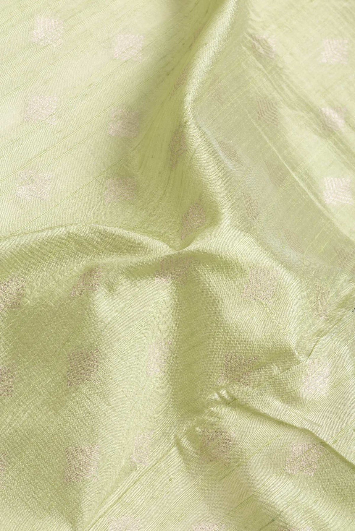 Close up of Pista Green Dual Tone Raw Silk Saree with Zari Butta on the body and Zari Border.  displaying folds