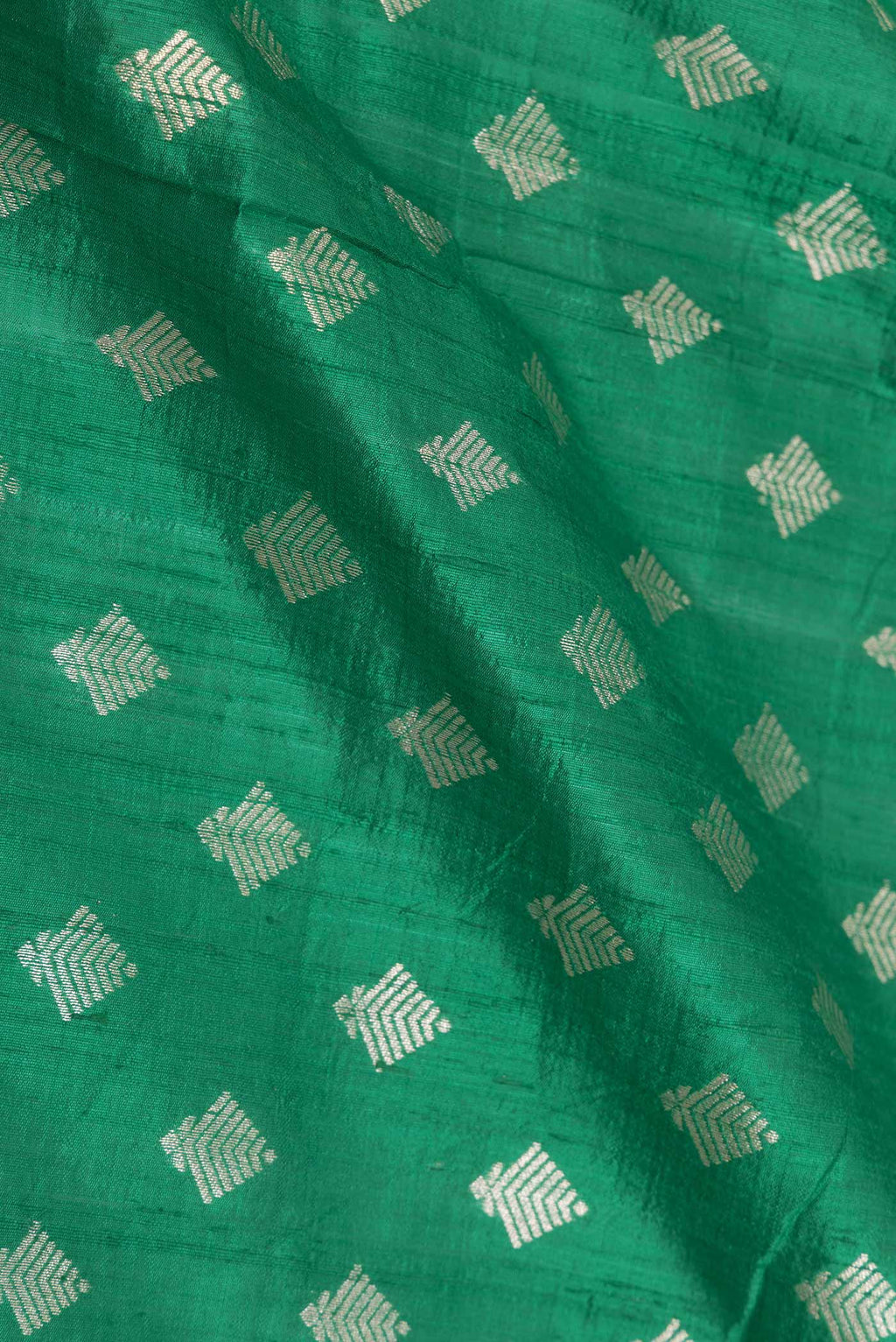 Close up of Green Dual Tone Raw Silk Saree with Zari Brocade on the body and Zari Border displaying folds