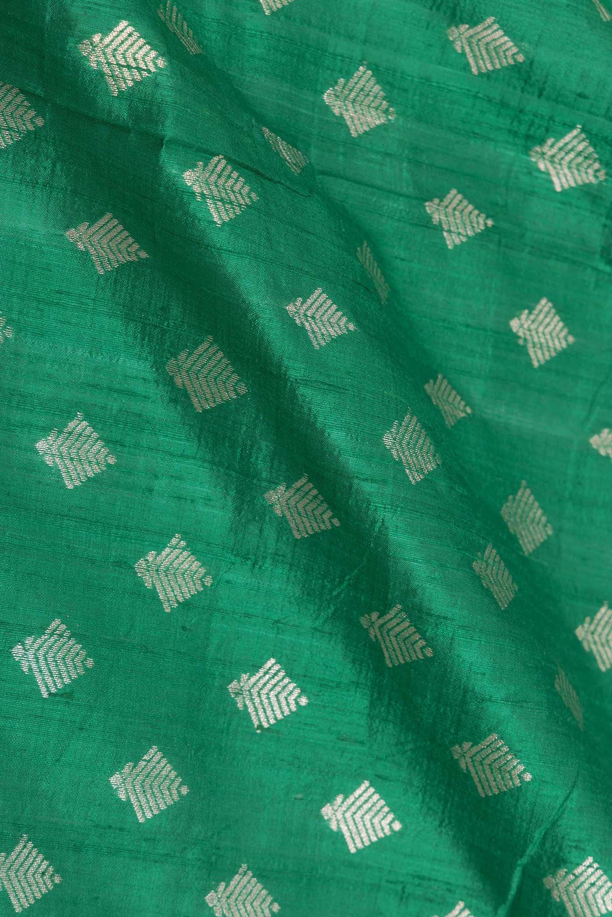 Close up of Green Dual Tone Raw Silk Saree with Zari Brocade on the body and Zari Border displaying folds