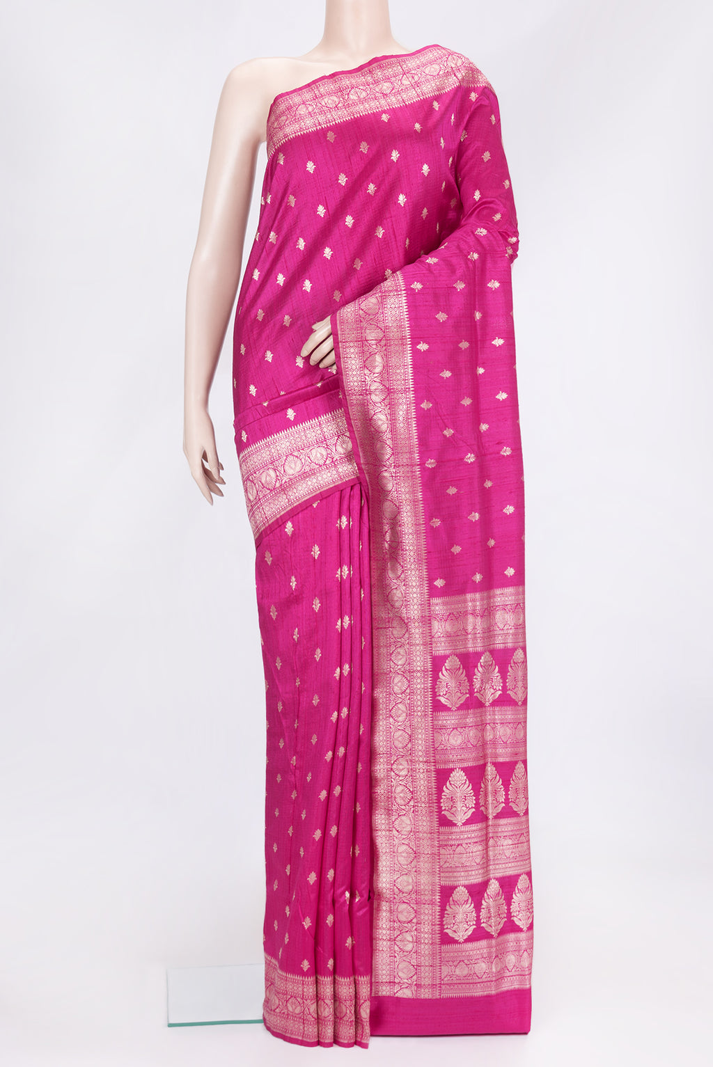 Pink Dual Tone Raw Silk Saree with Zari Butta on the body and Zari Border.  displayed on a mannequin